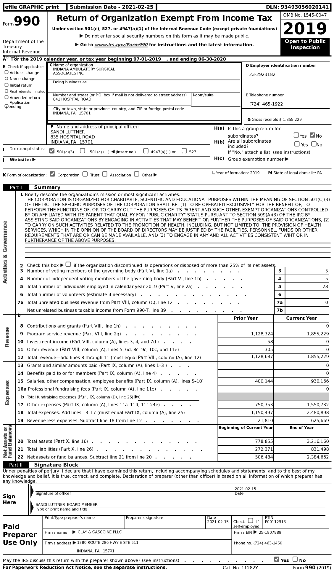 Image of first page of 2019 Form 990 for Indiana Ambulatory Surgical Associates