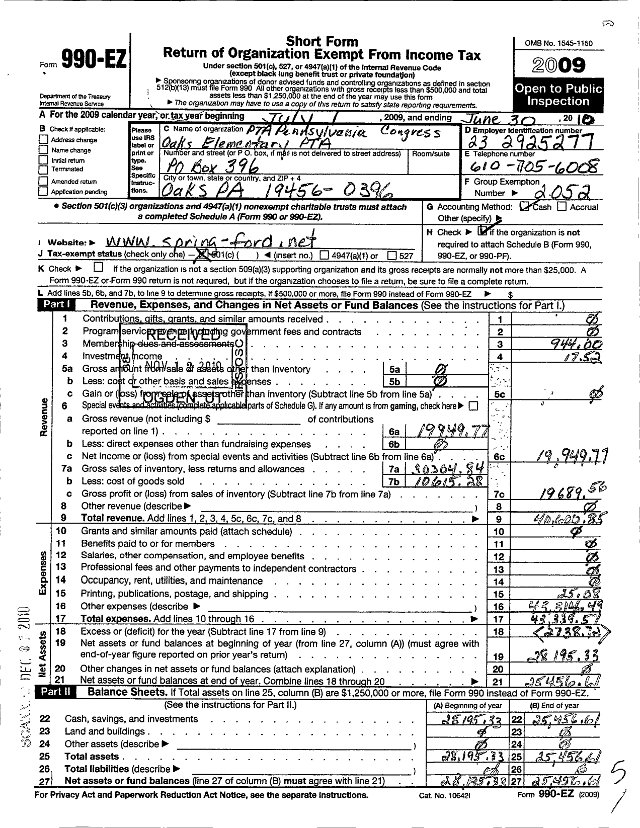 Image of first page of 2009 Form 990EO for PTA Pennsylvania Congress / Oaks Elementary School PTA