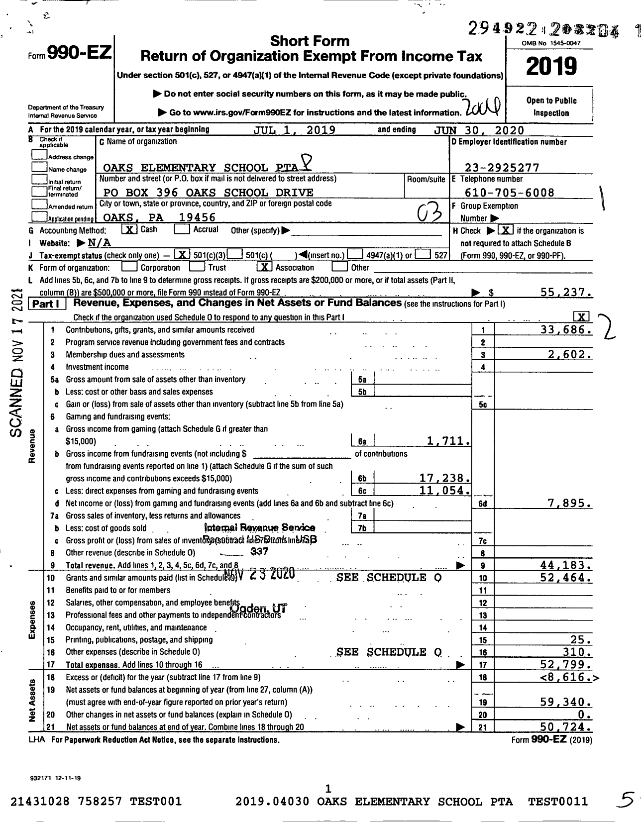 Image of first page of 2019 Form 990EZ for PTA Pennsylvania Congress / Oaks Elementary School PTA