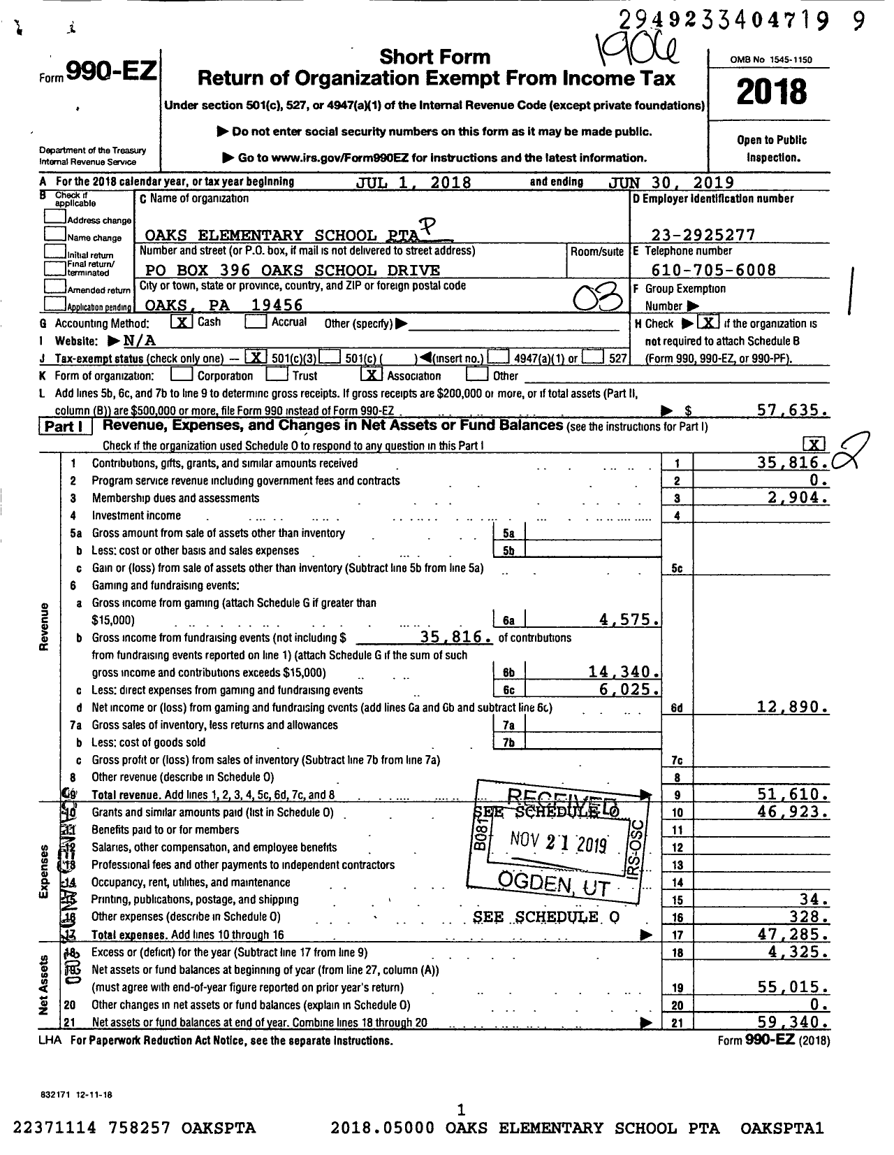 Image of first page of 2018 Form 990EZ for PTA Pennsylvania Congress / Oaks Elementary School PTA