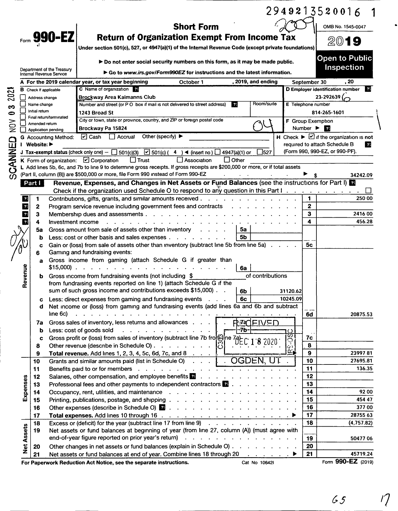 Image of first page of 2019 Form 990EO for Brockway Area Kaimanns Club