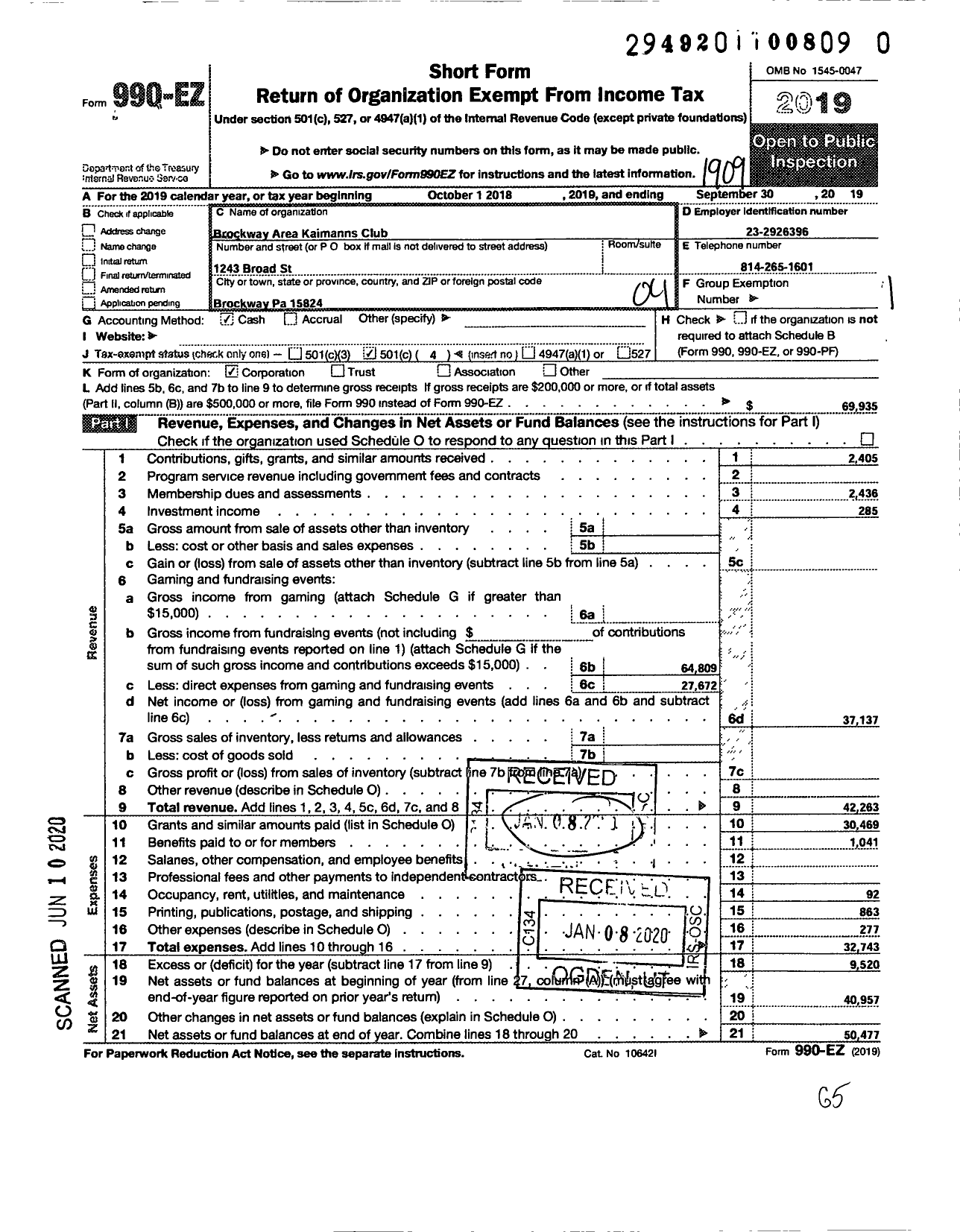 Image of first page of 2018 Form 990EO for Brockway Area Kaimanns Club