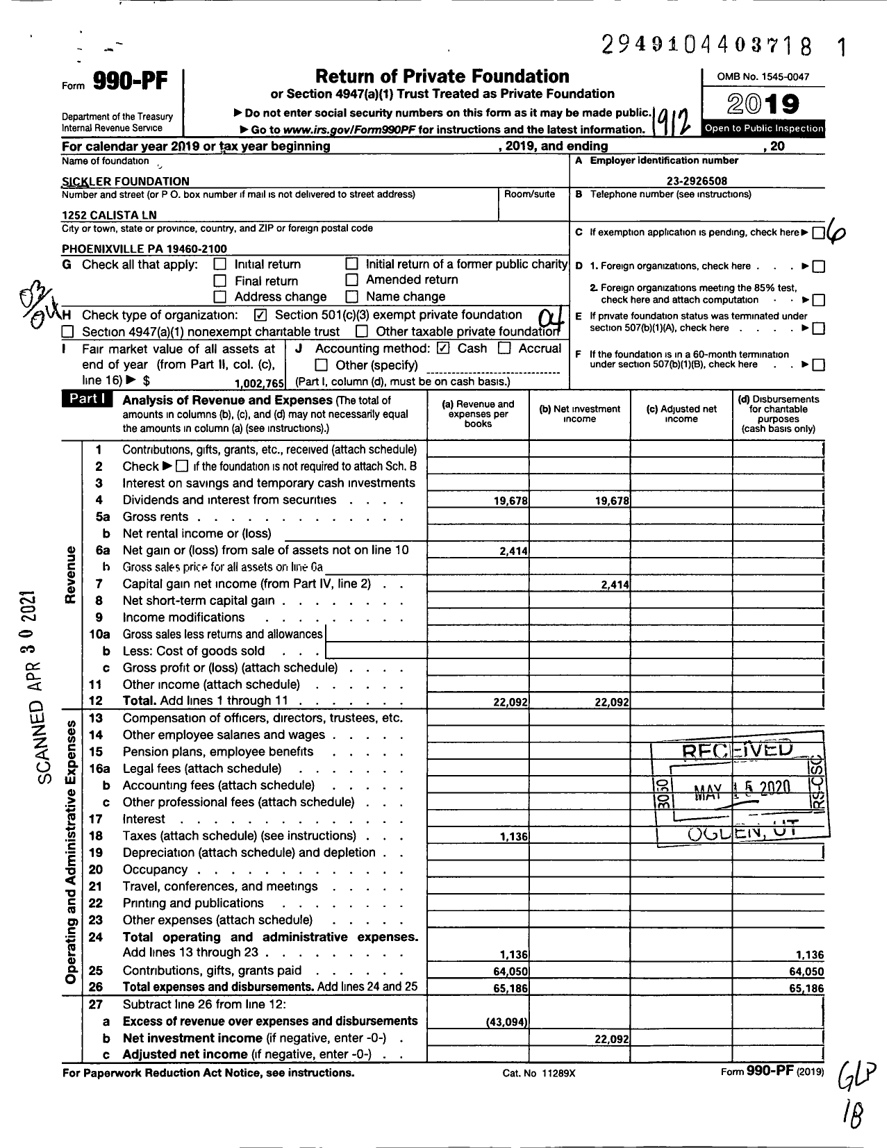 Image of first page of 2019 Form 990PF for Sickler Foundation