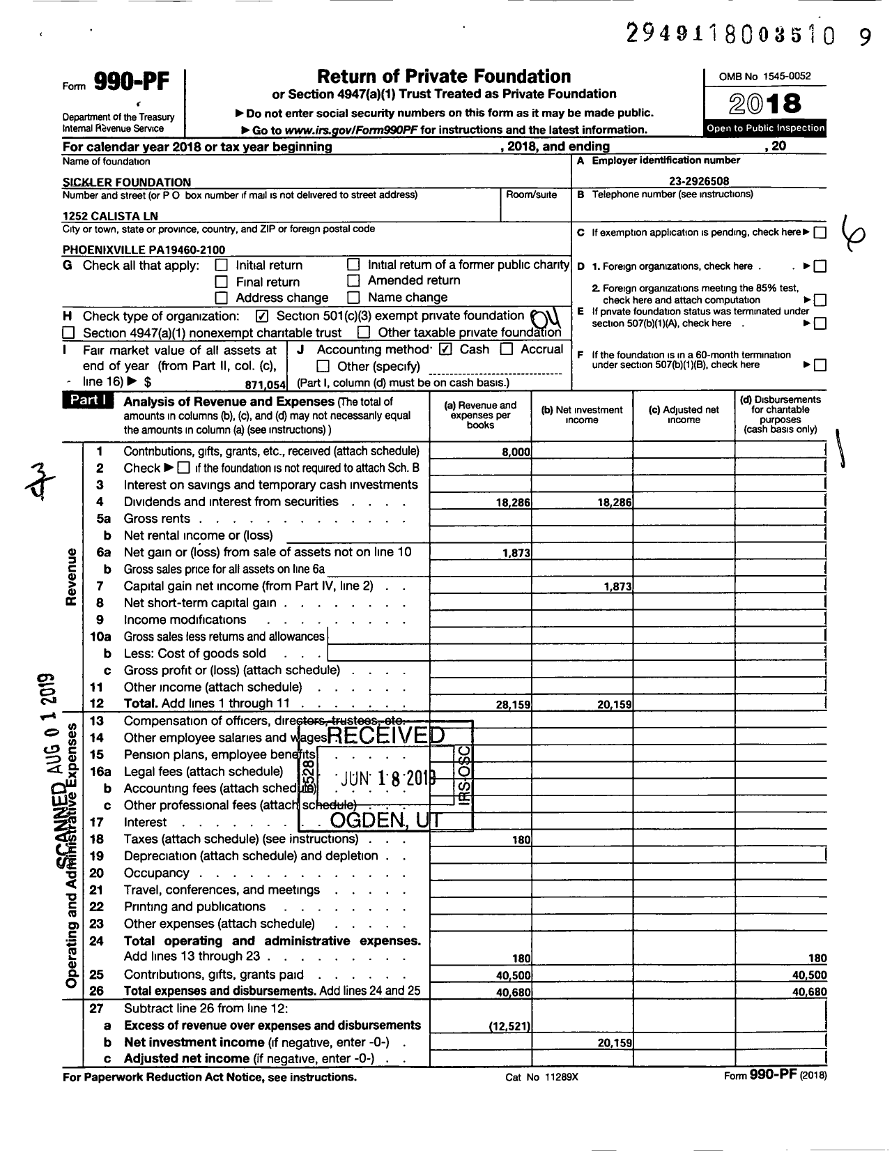 Image of first page of 2018 Form 990PF for Sickler Foundation