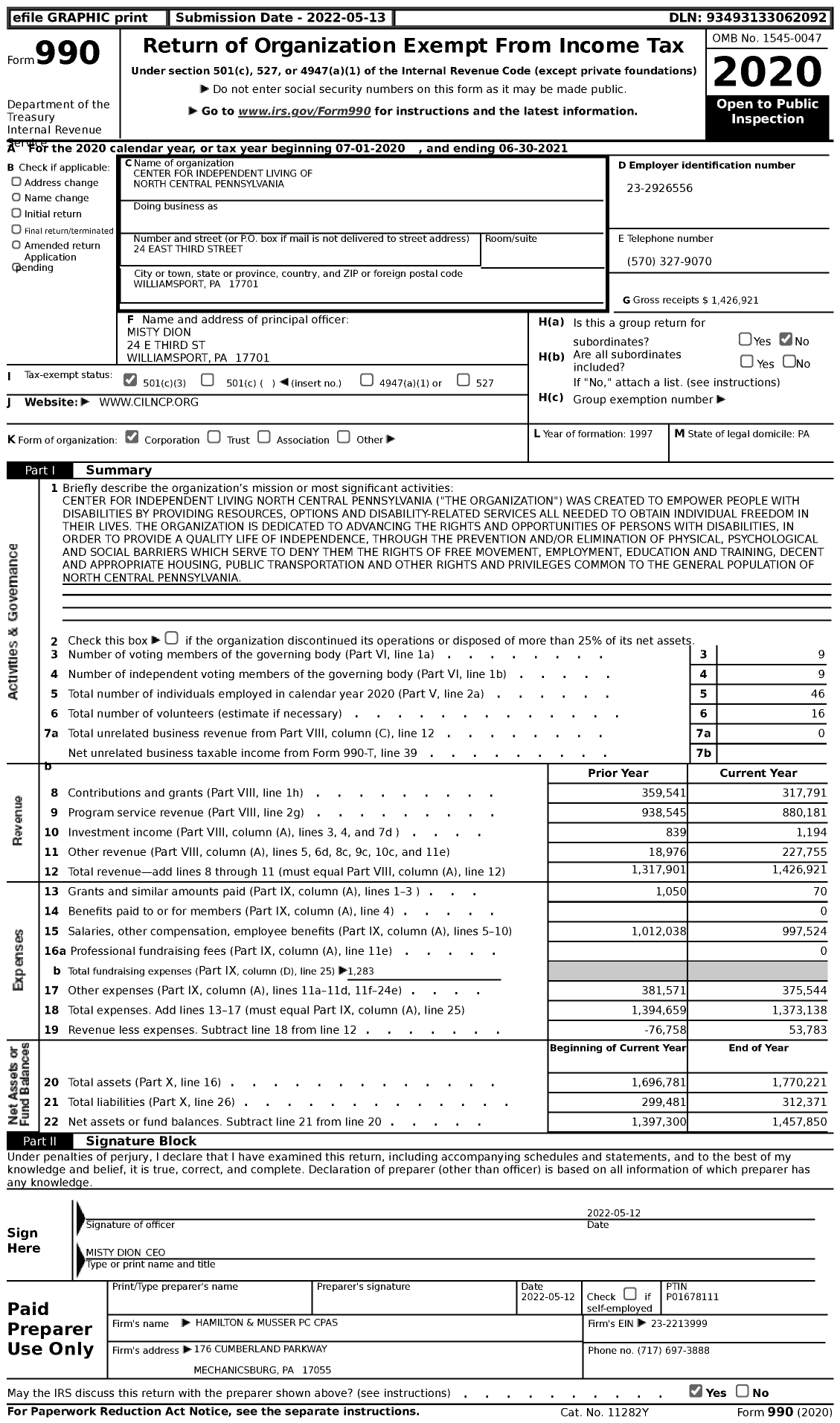 Image of first page of 2020 Form 990 for Center for Independent Living of North Central Pennsylvania