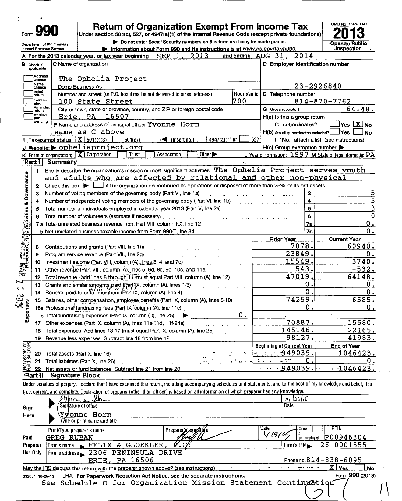 Image of first page of 2013 Form 990 for Ophelia Project