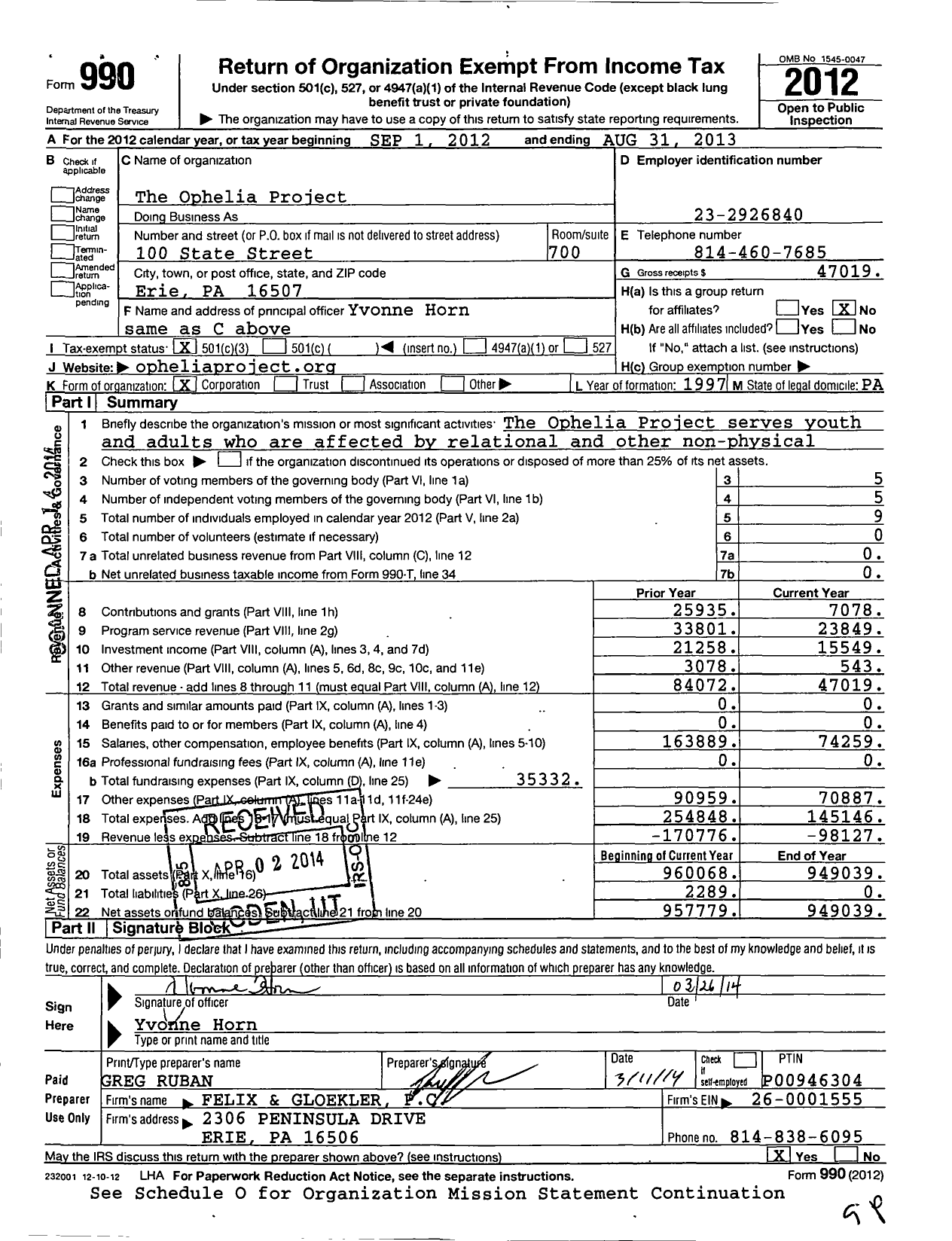 Image of first page of 2012 Form 990 for Ophelia Project