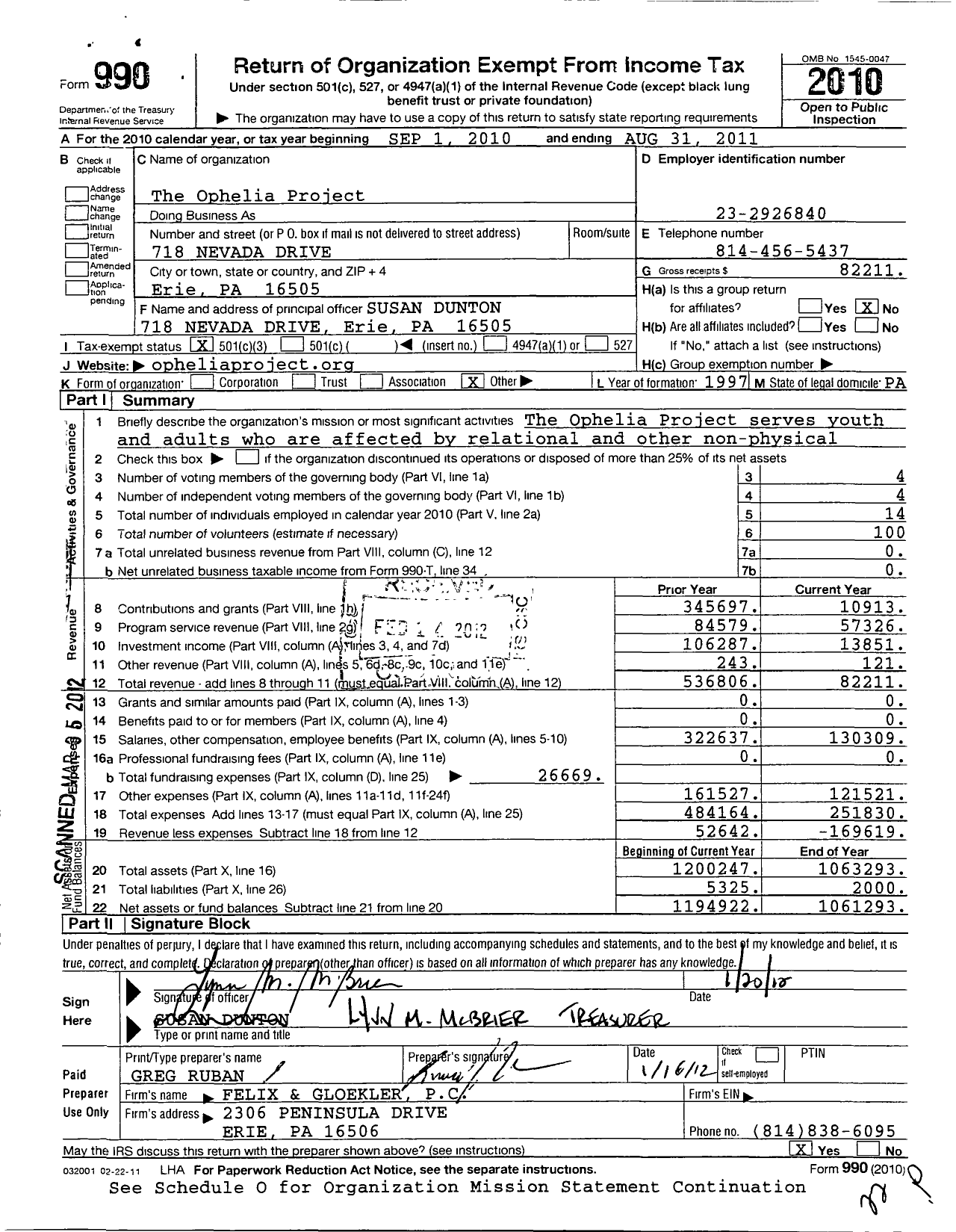 Image of first page of 2010 Form 990 for Ophelia Project