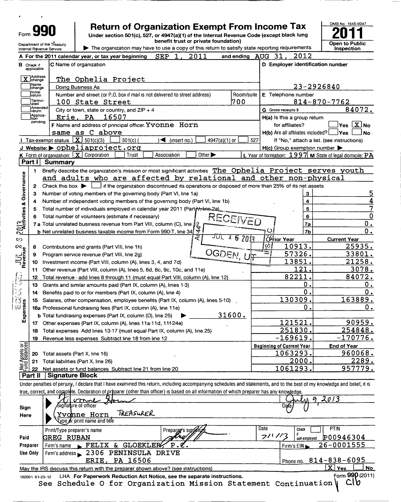 Image of first page of 2011 Form 990 for Ophelia Project