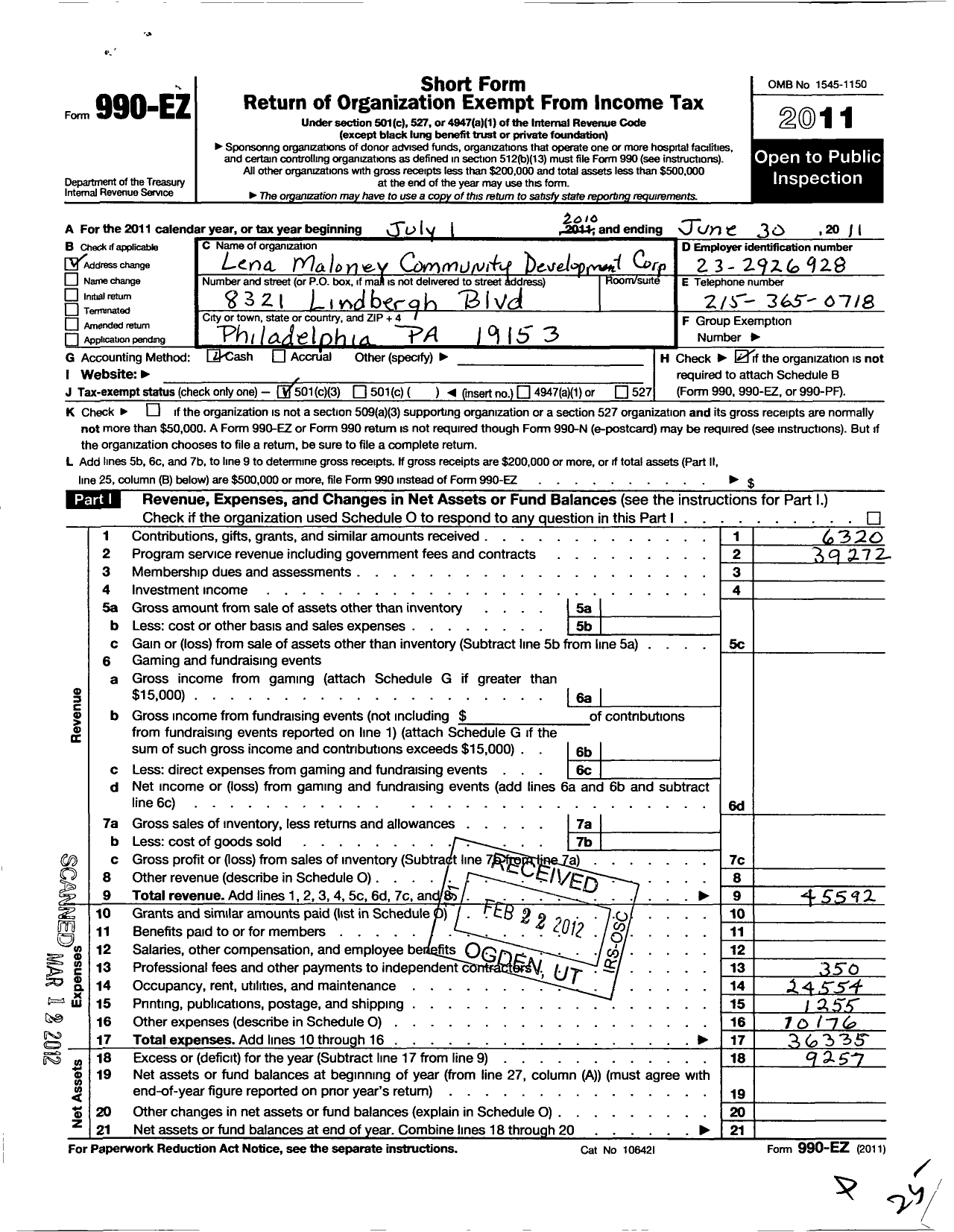 Image of first page of 2010 Form 990EZ for Lena Maloney Community Development Center