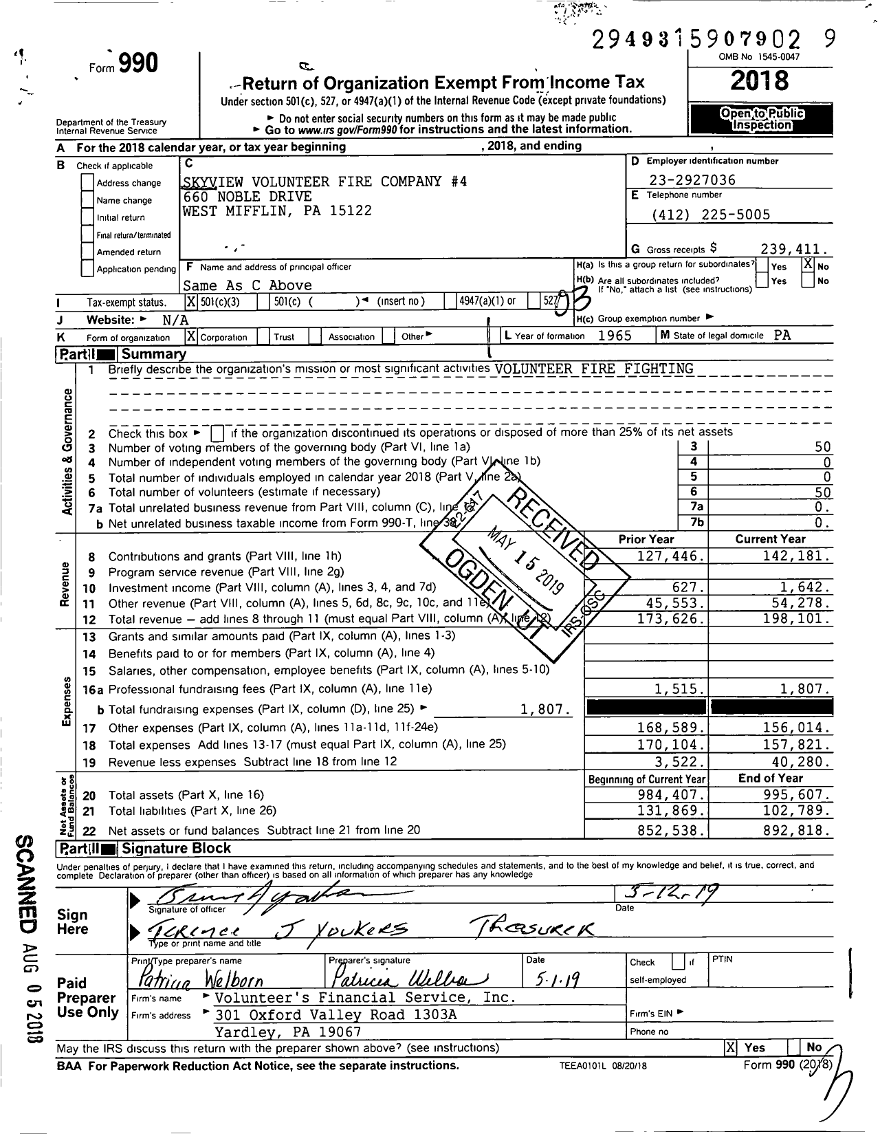Image of first page of 2018 Form 990 for SKYVIEW VOLUNTEER FIRE COMPANY No4
