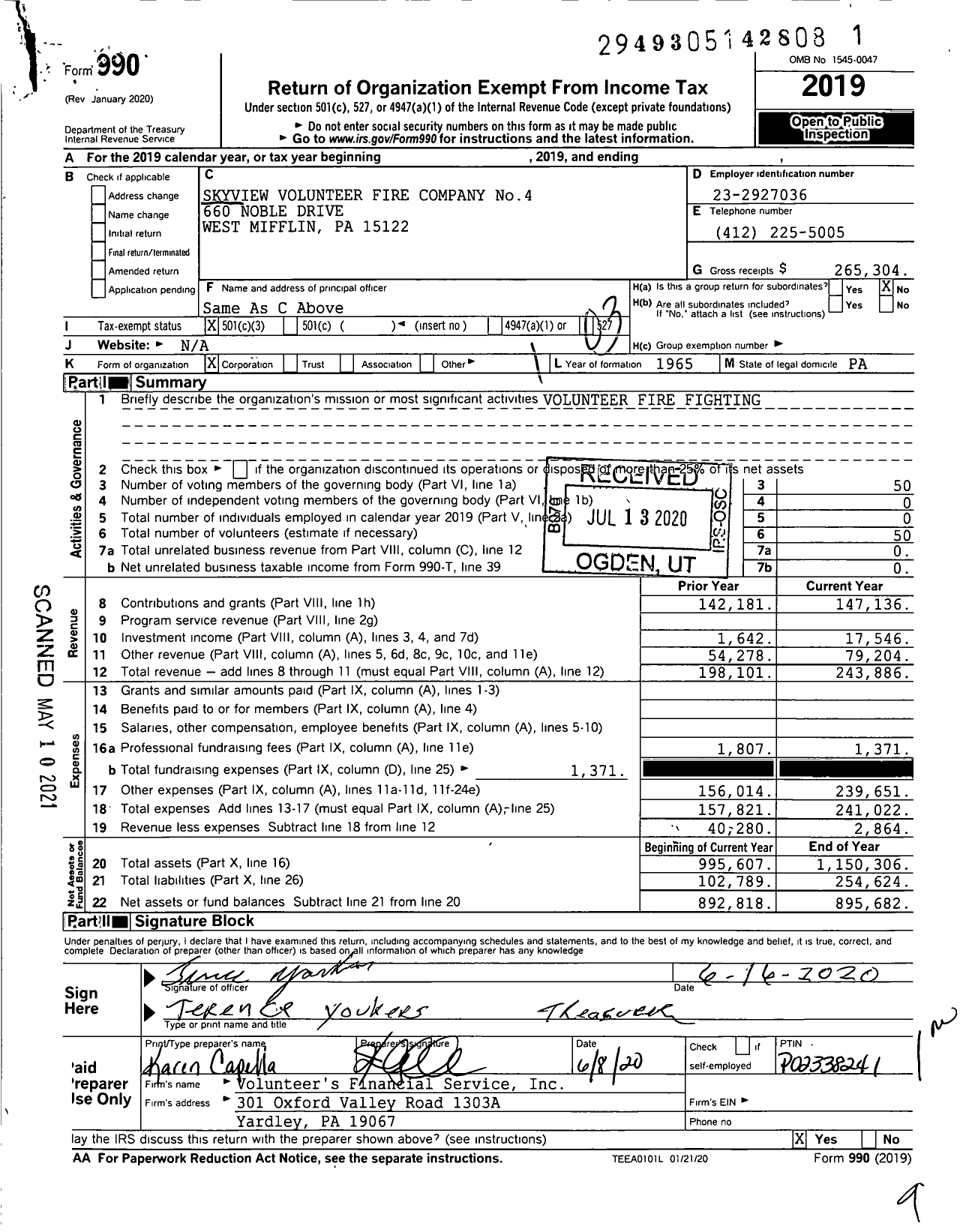 Image of first page of 2019 Form 990 for SKYVIEW VOLUNTEER FIRE COMPANY No4