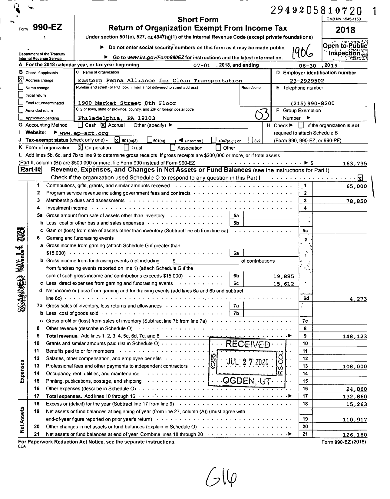 Image of first page of 2018 Form 990EZ for Eastern Penna Alliance for Clean Transportation (EP-ACT)