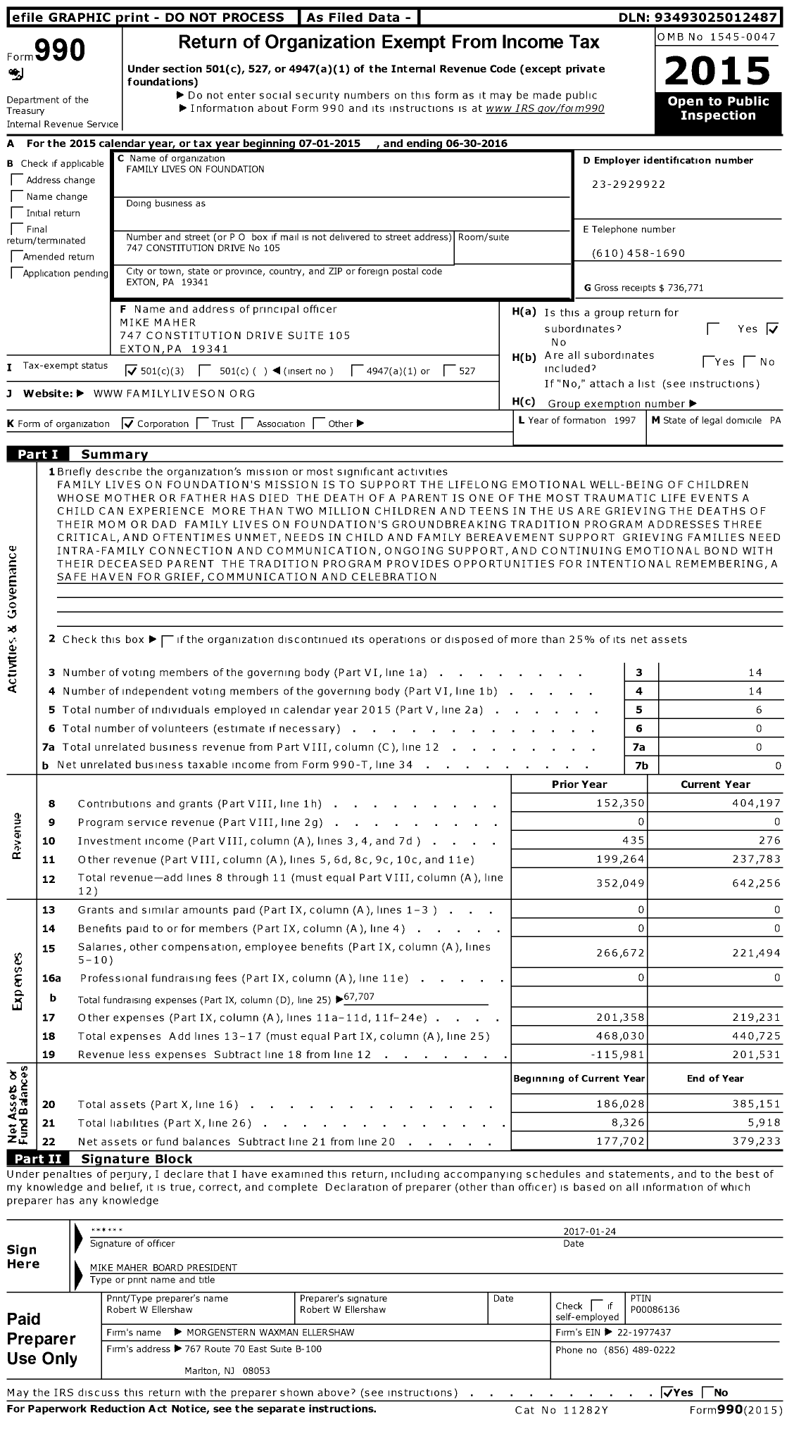 Image of first page of 2015 Form 990 for Family Lives on Foundation