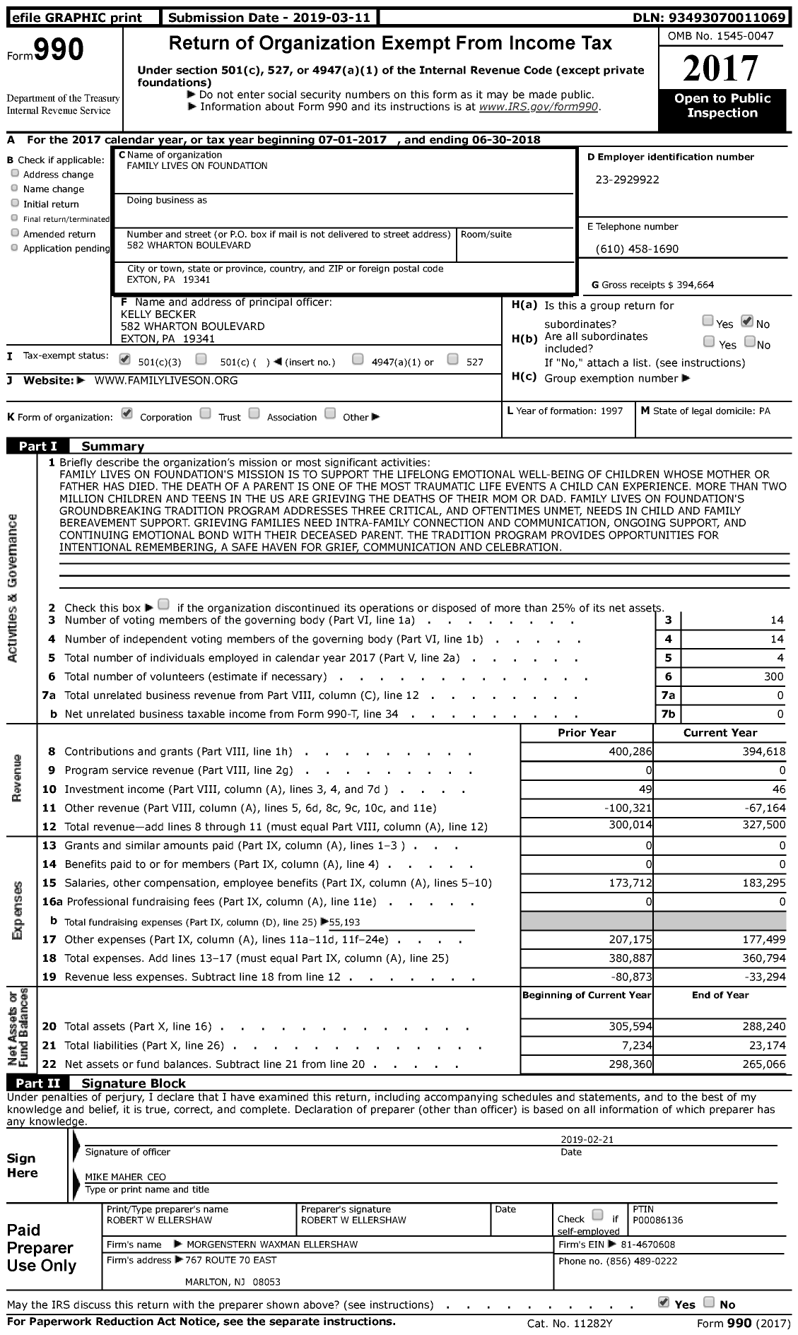 Image of first page of 2017 Form 990 for Family Lives on Foundation