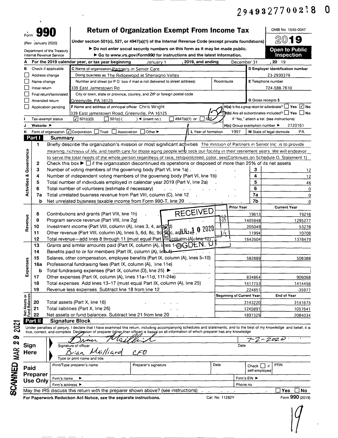 Image of first page of 2019 Form 990 for The Ridgewood at Shenango Valley