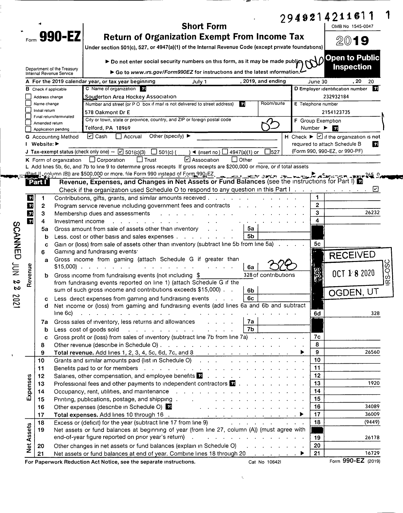 Image of first page of 2019 Form 990EZ for Souderton Area Hockey Association