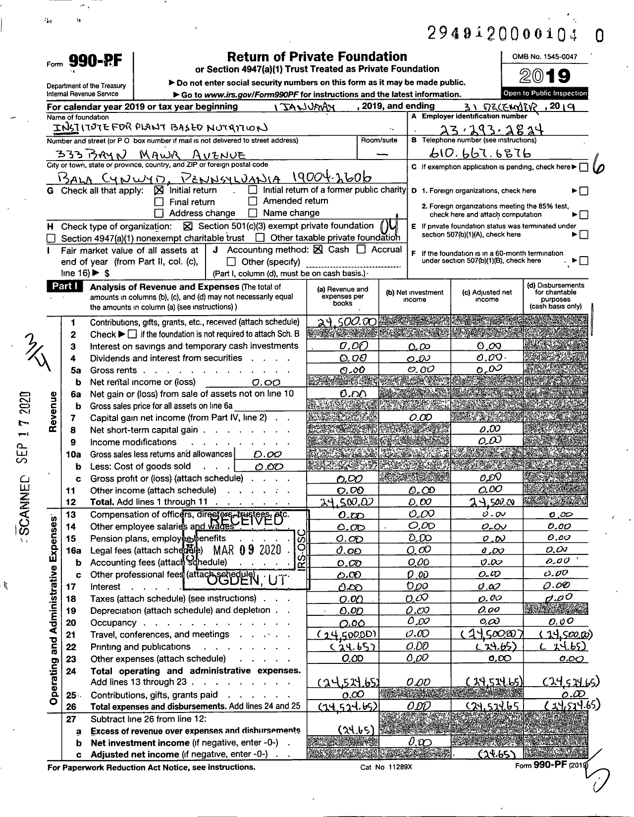 Image of first page of 2019 Form 990PR for Institute for Plant-Based Nutrition