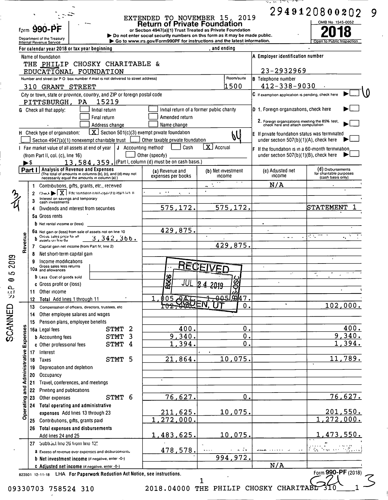 Image of first page of 2018 Form 990PF for The Philip Chosky Charitable and Educational Foundation