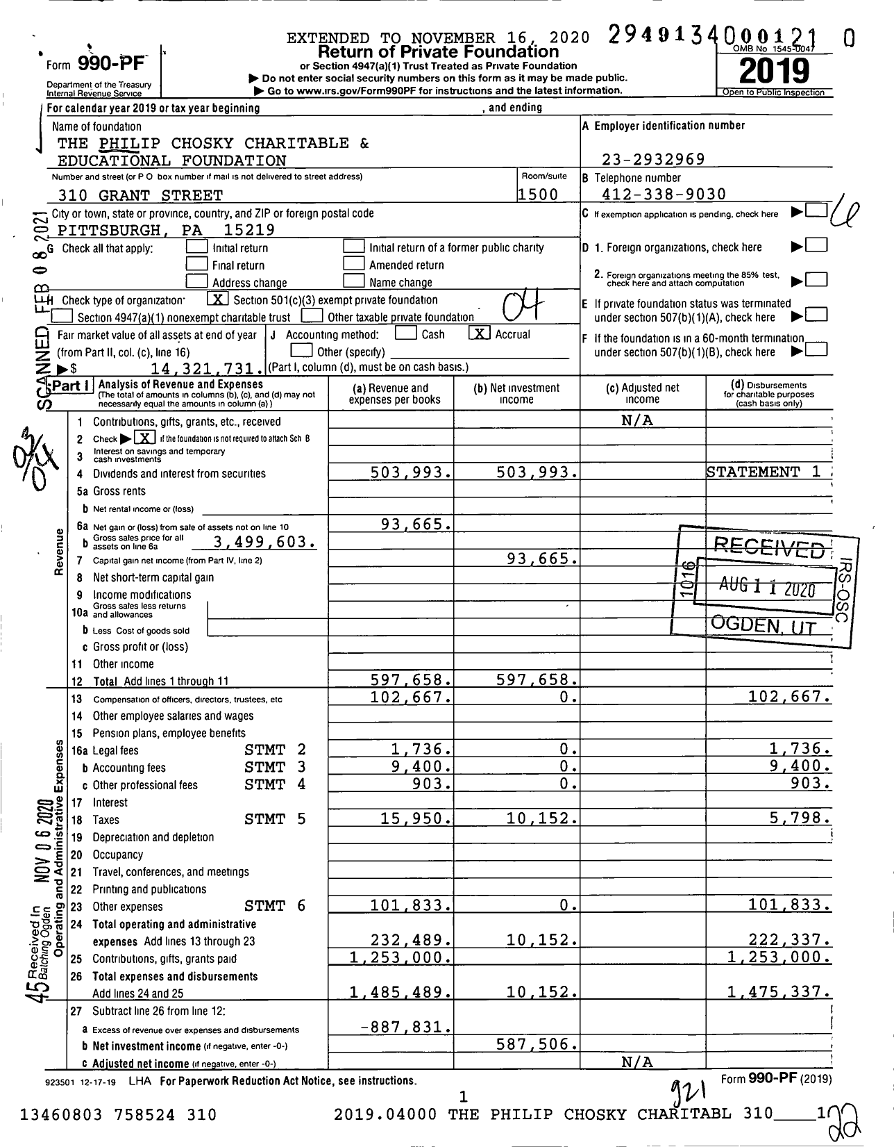 Image of first page of 2019 Form 990PF for The Philip Chosky Charitable and Educational Foundation