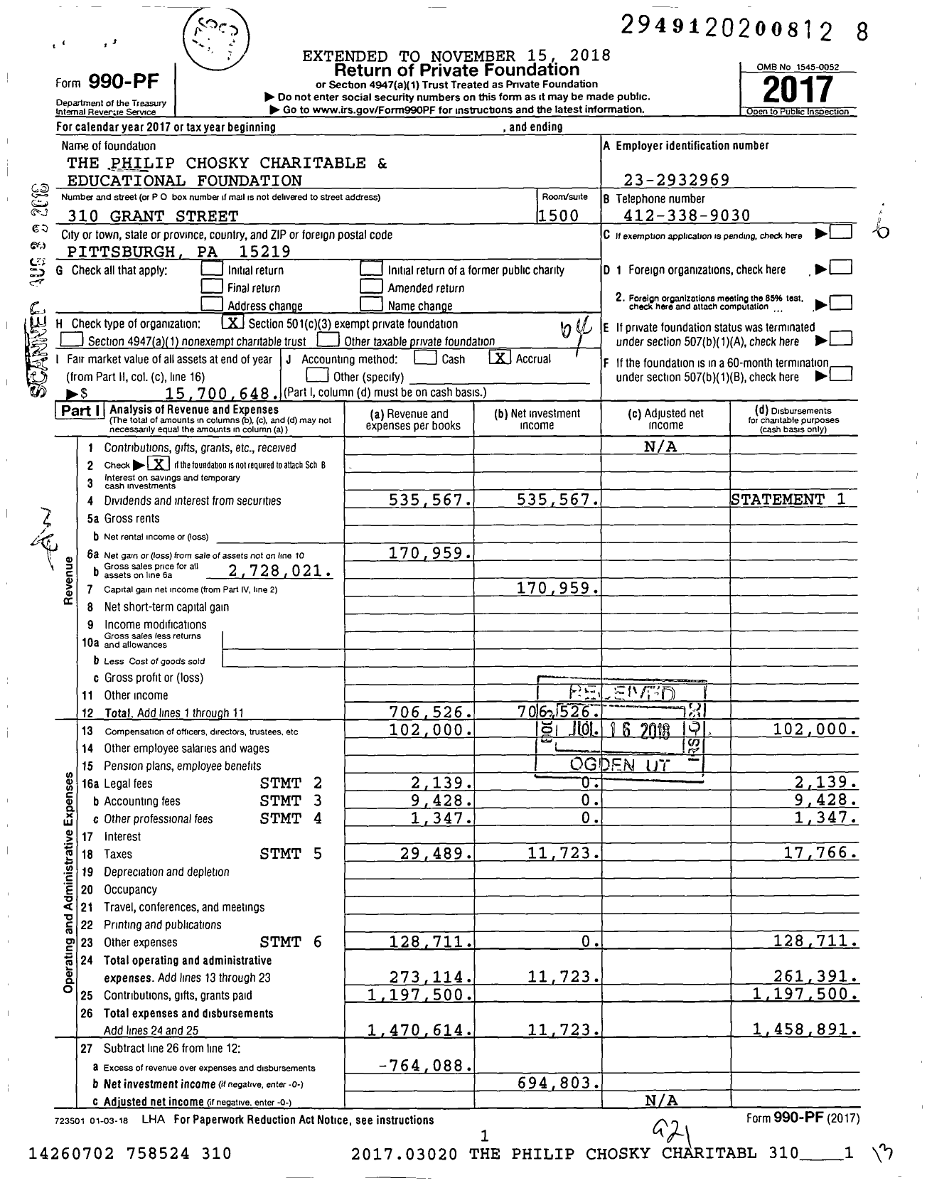 Image of first page of 2017 Form 990PF for The Philip Chosky Charitable and Educational Foundation