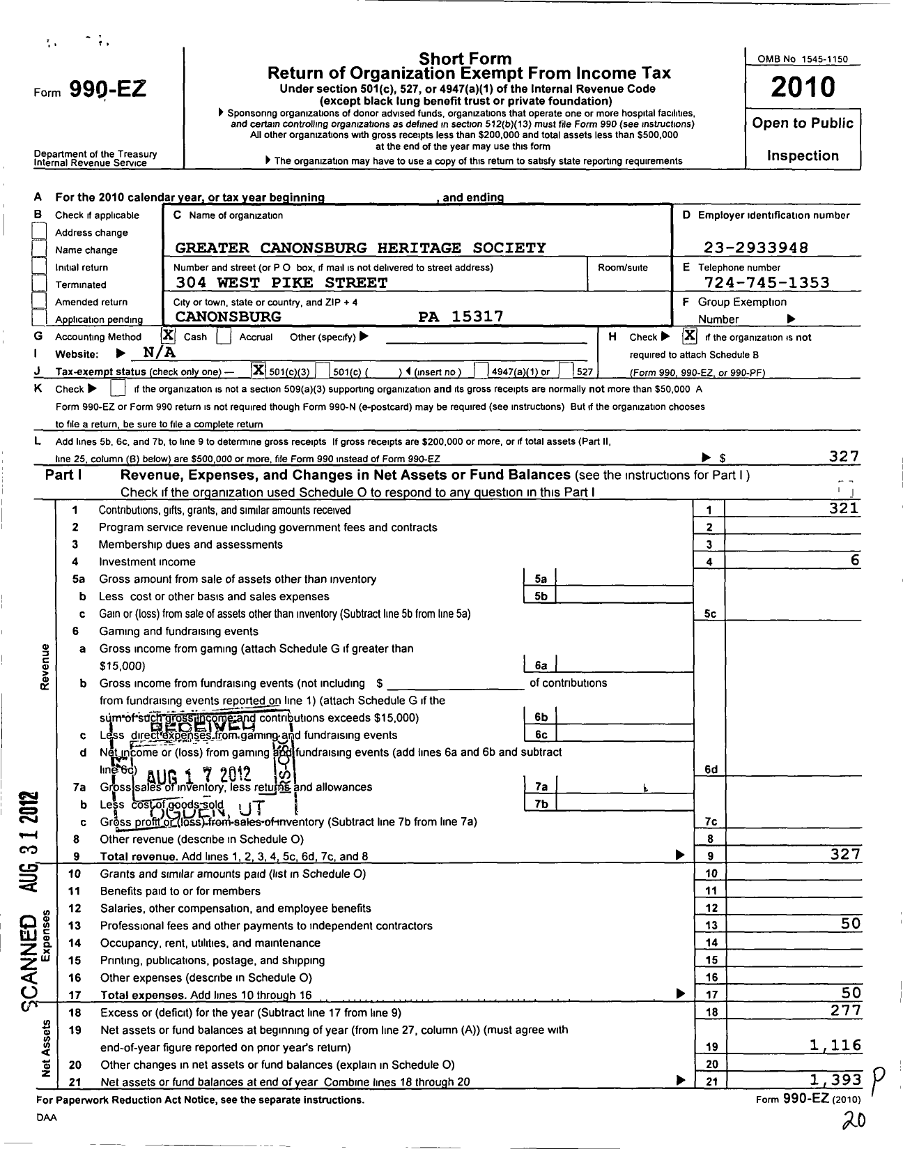 Image of first page of 2010 Form 990EZ for Greater Canonsburg Heritage Society