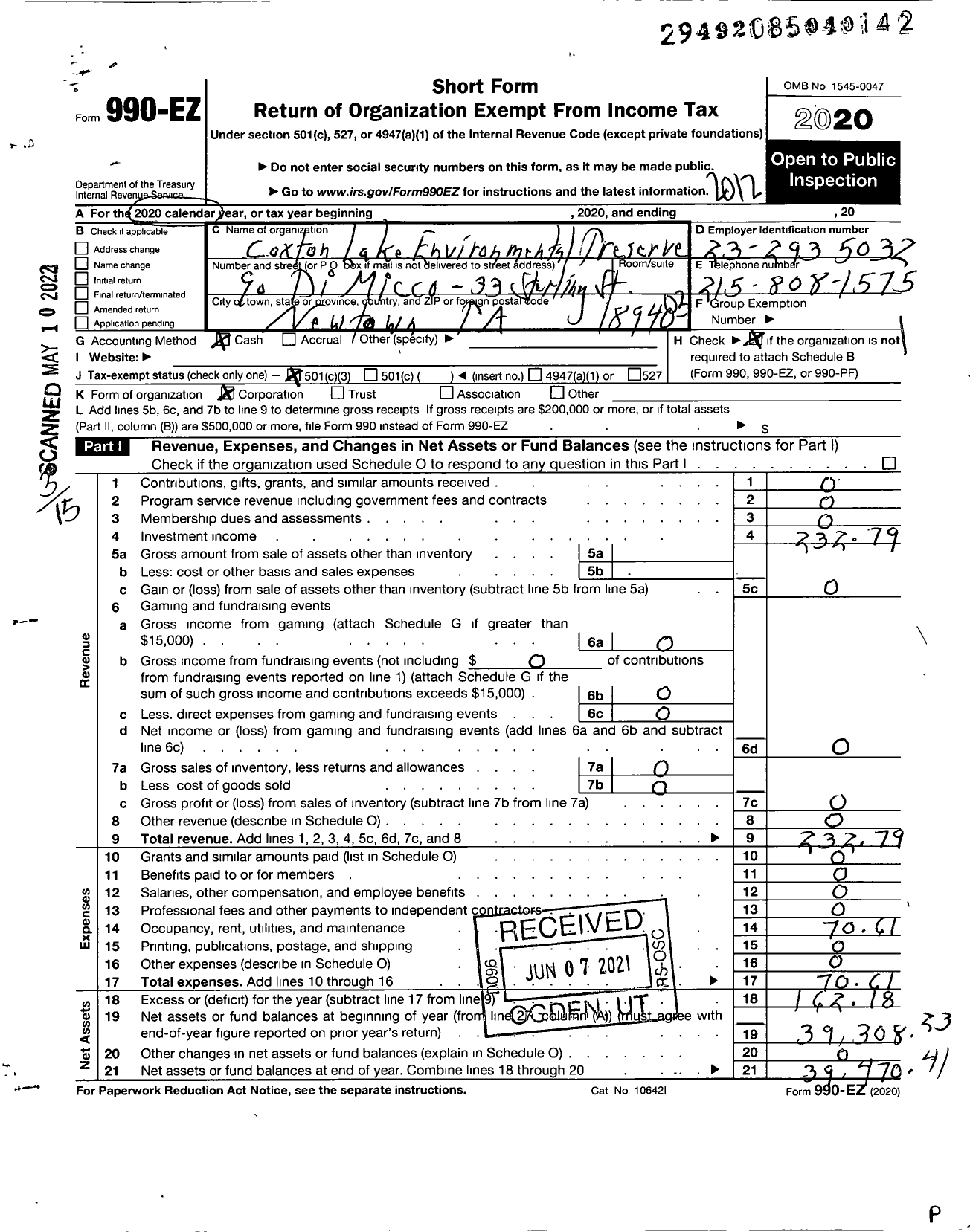 Image of first page of 2020 Form 990EZ for Coxton Lake Environmental Preserve