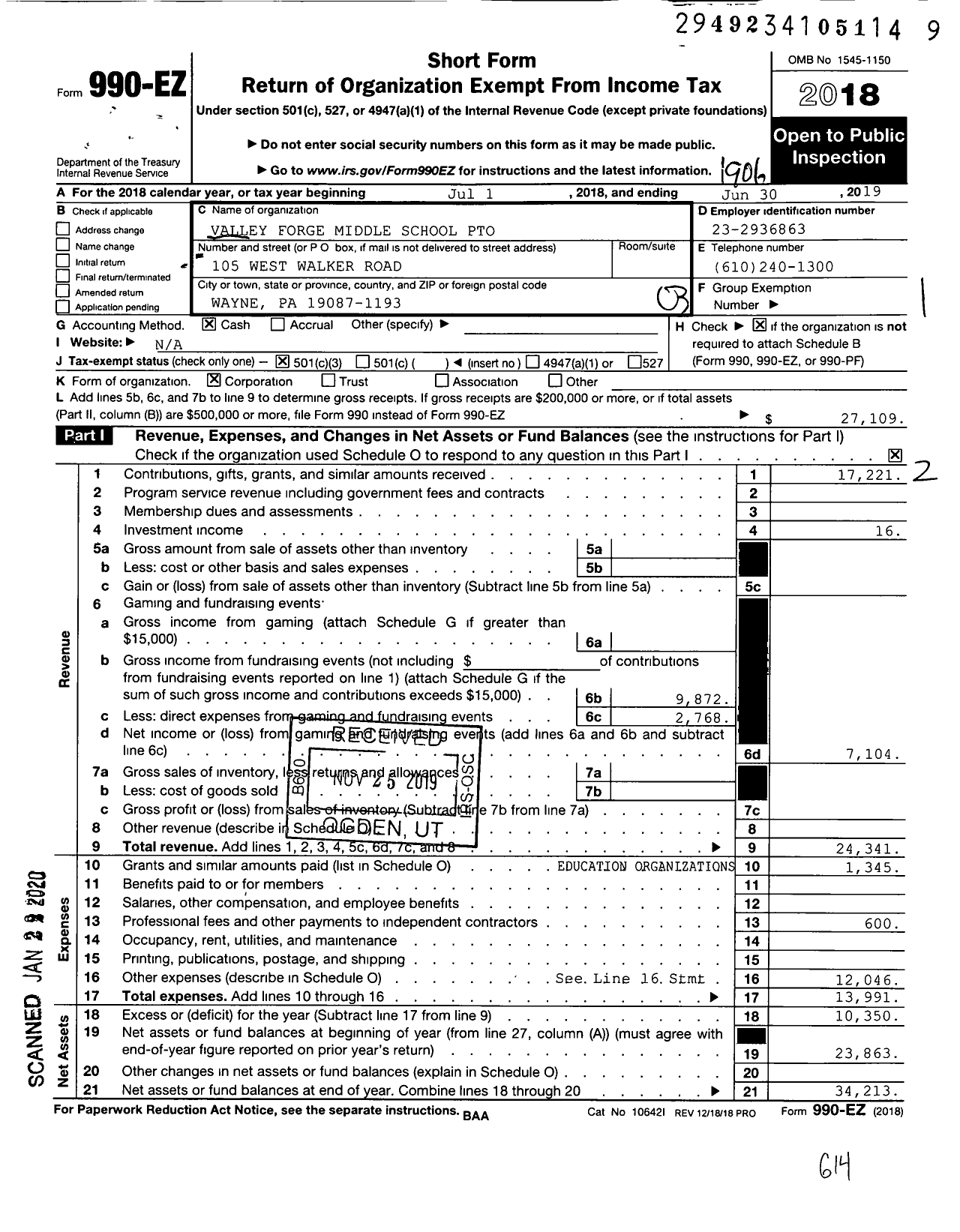 Image of first page of 2018 Form 990EZ for Valley Forge Middle School Parent Teacher Organization