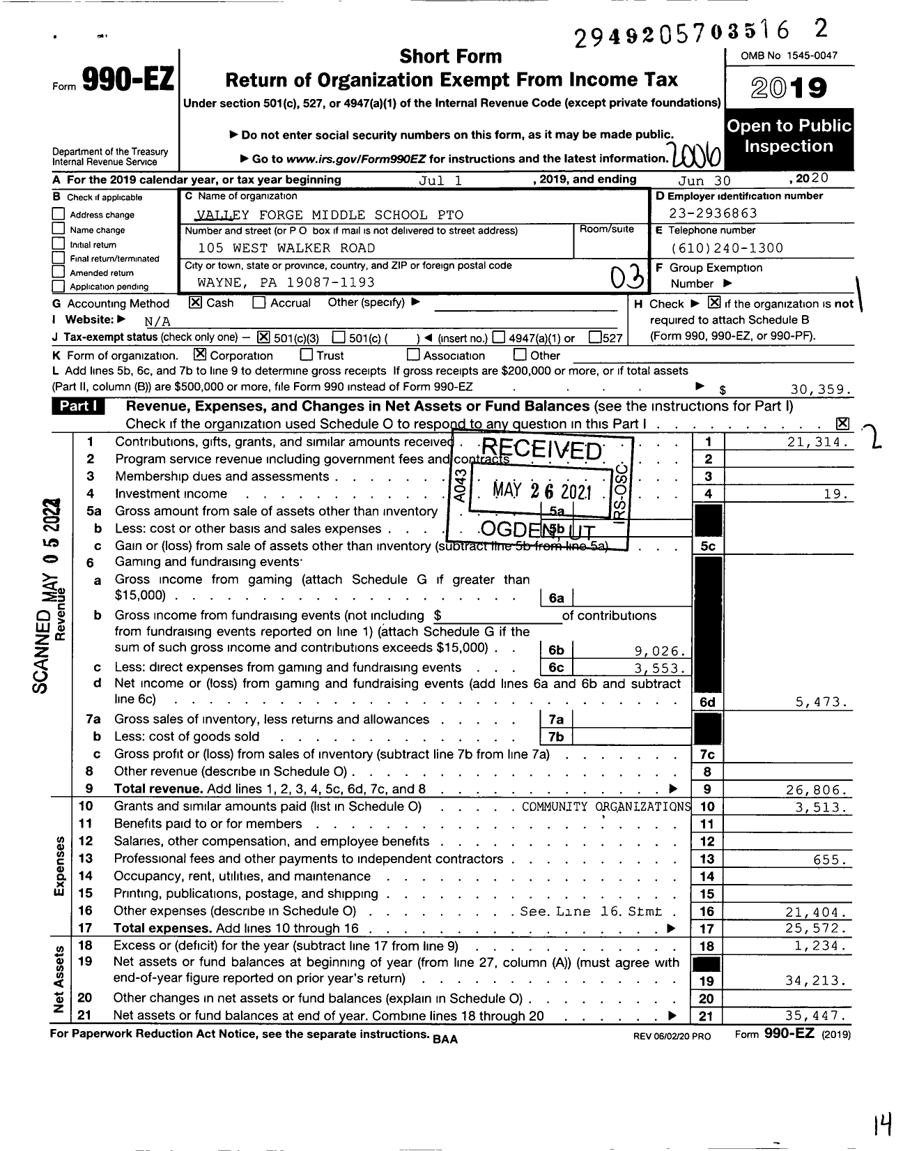 Image of first page of 2019 Form 990EZ for Valley Forge Middle School Parent Teacher Organization