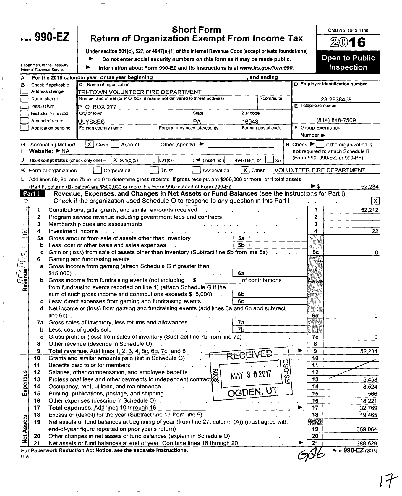Image of first page of 2016 Form 990EZ for Tri Town Volunteer Fire Department