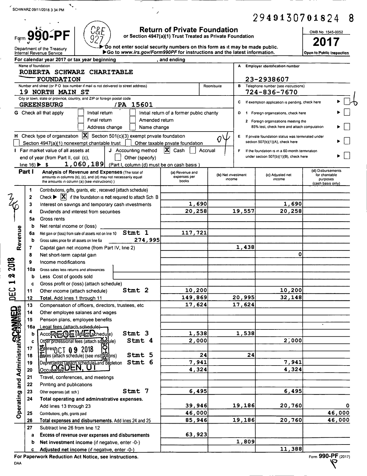 Image of first page of 2017 Form 990PF for Roberta Schwarz Charitable Foundation