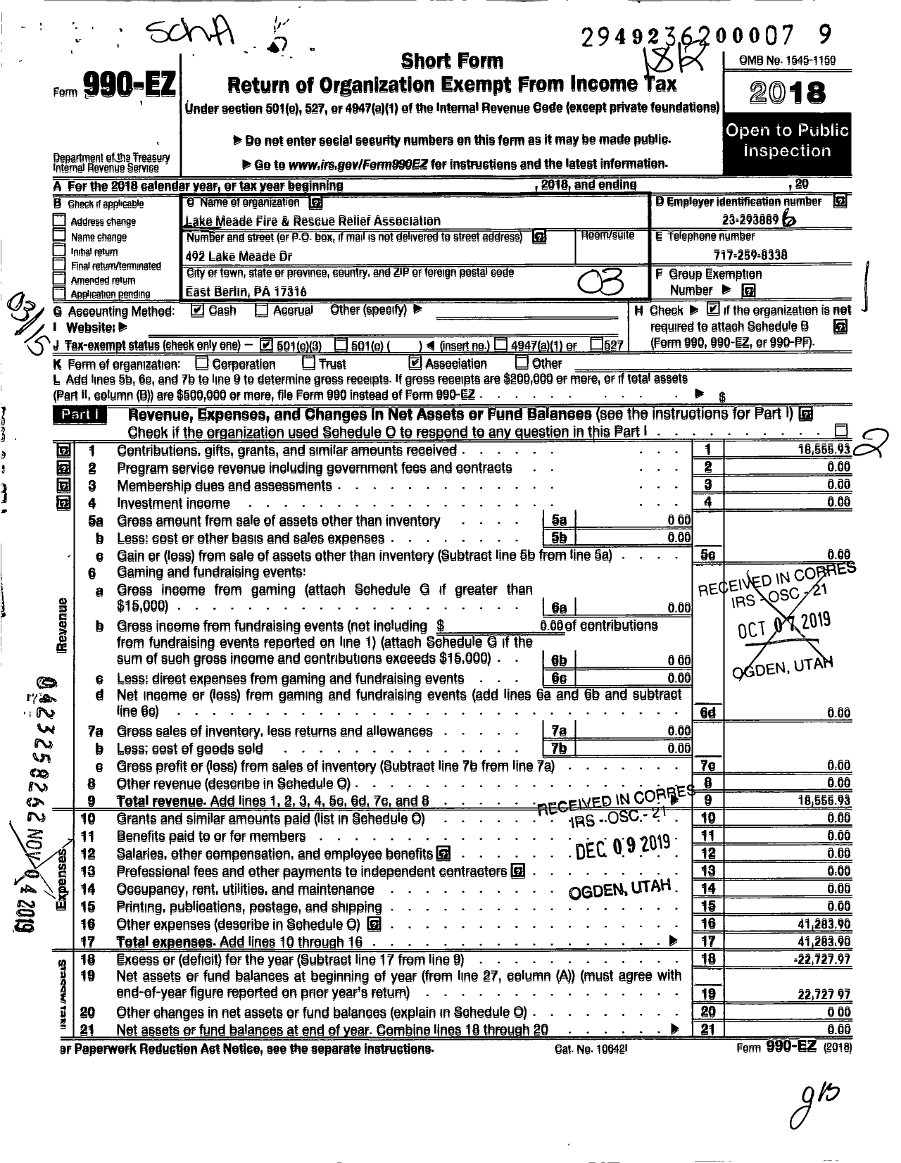 Image of first page of 2018 Form 990EZ for Lake Meade Fire and Rescue Relief Association