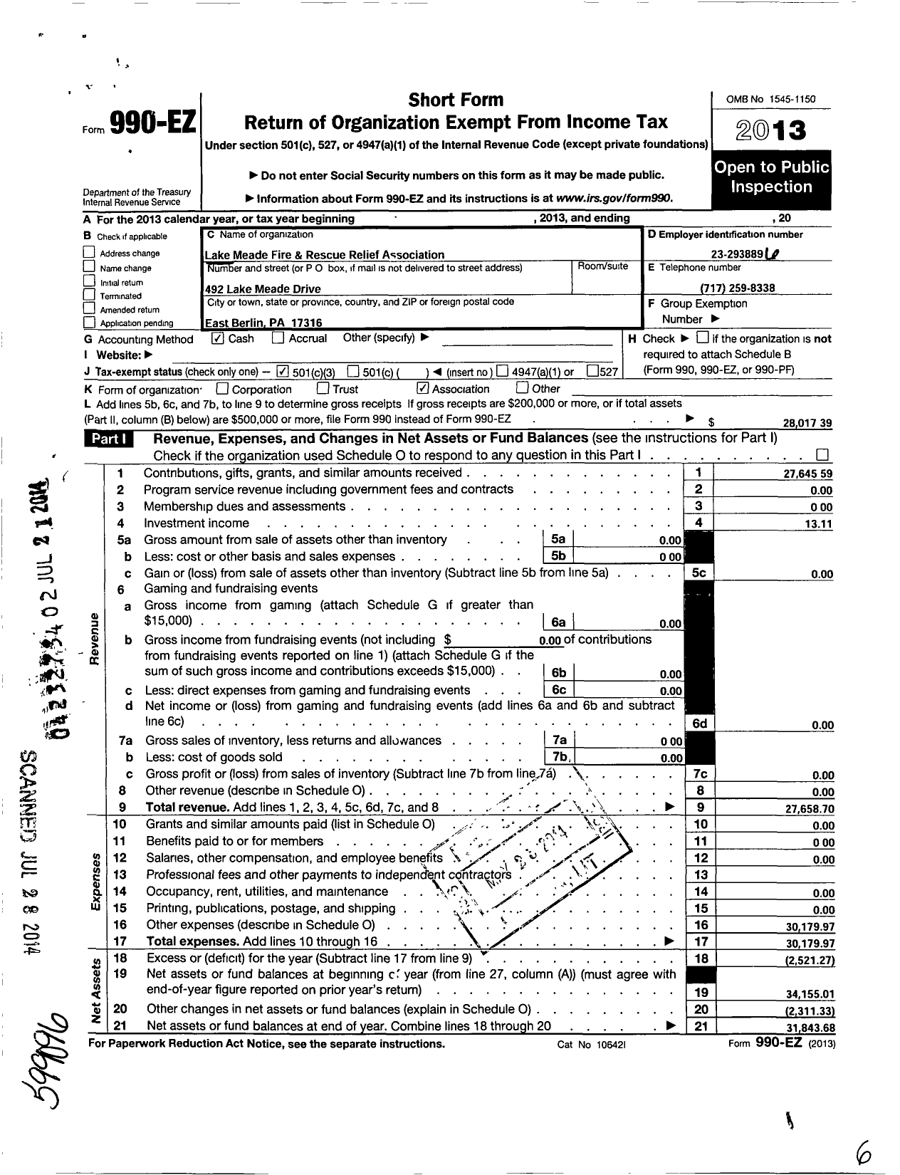 Image of first page of 2013 Form 990EZ for Lake Meade Fire and Rescue Relief Association