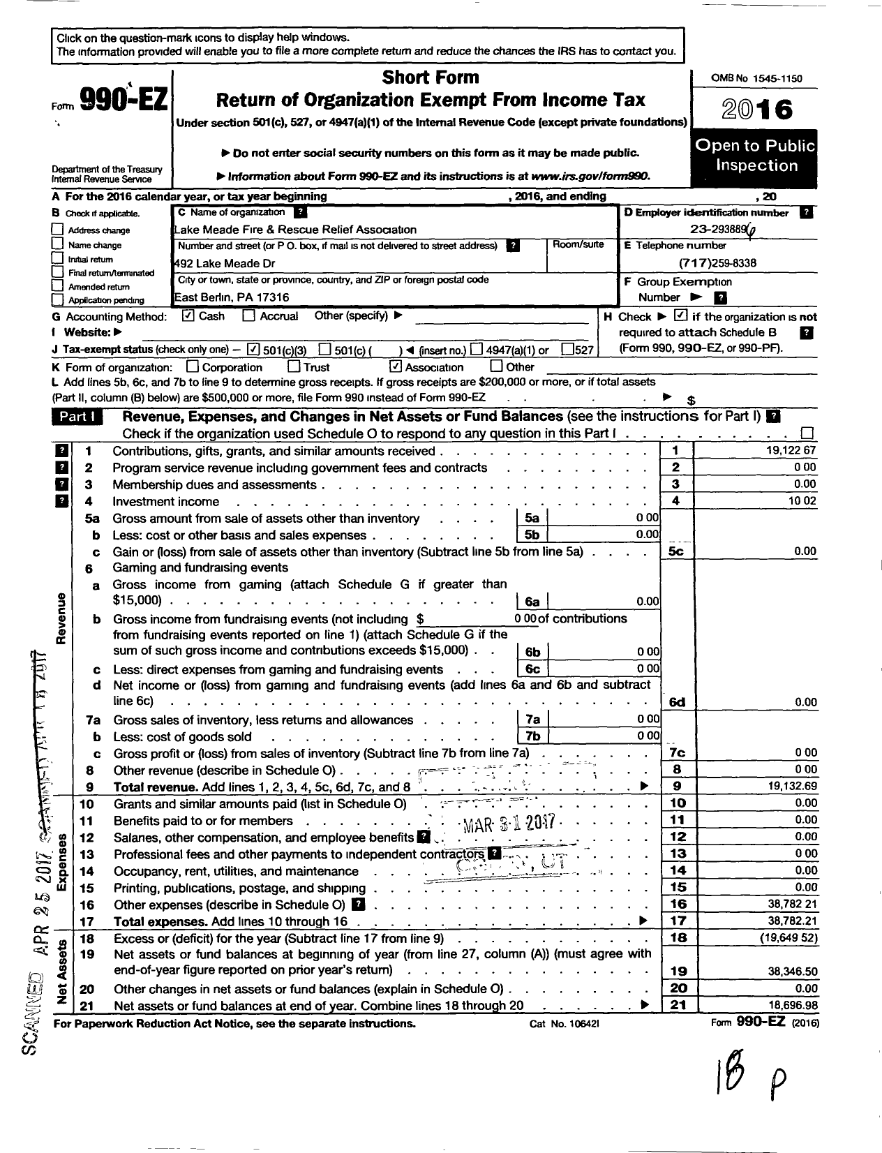 Image of first page of 2016 Form 990EZ for Lake Meade Fire and Rescue Relief Association