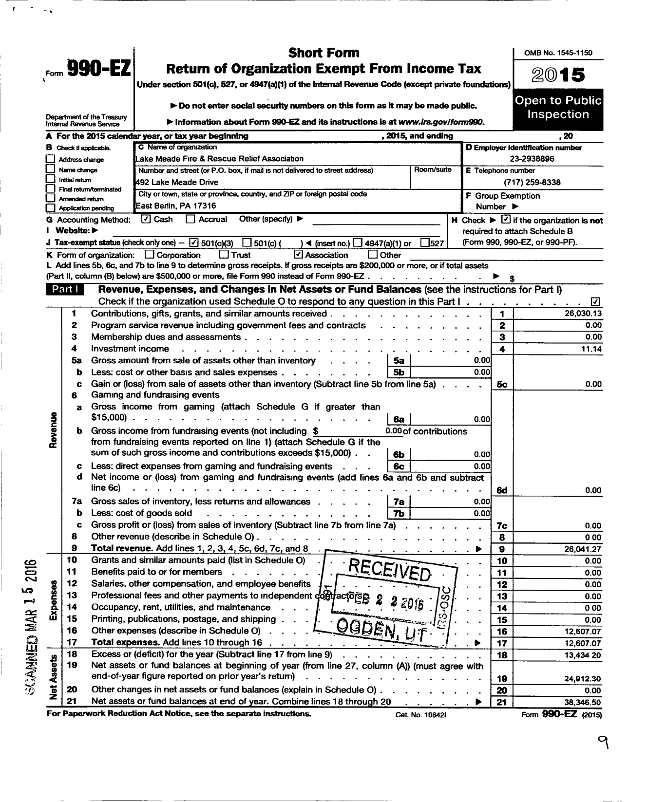 Image of first page of 2015 Form 990EZ for Lake Meade Fire and Rescue Relief Association