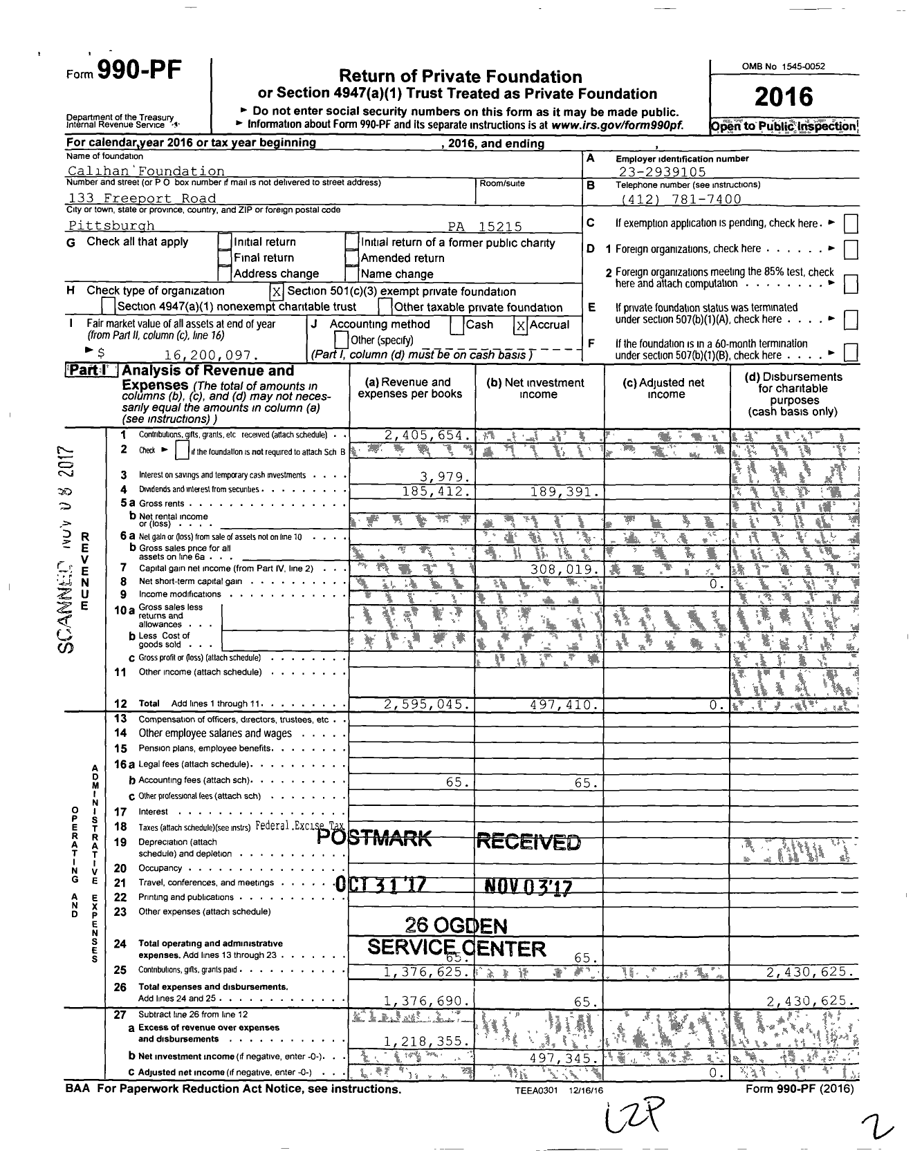 Image of first page of 2016 Form 990PF for Calihan Foundation