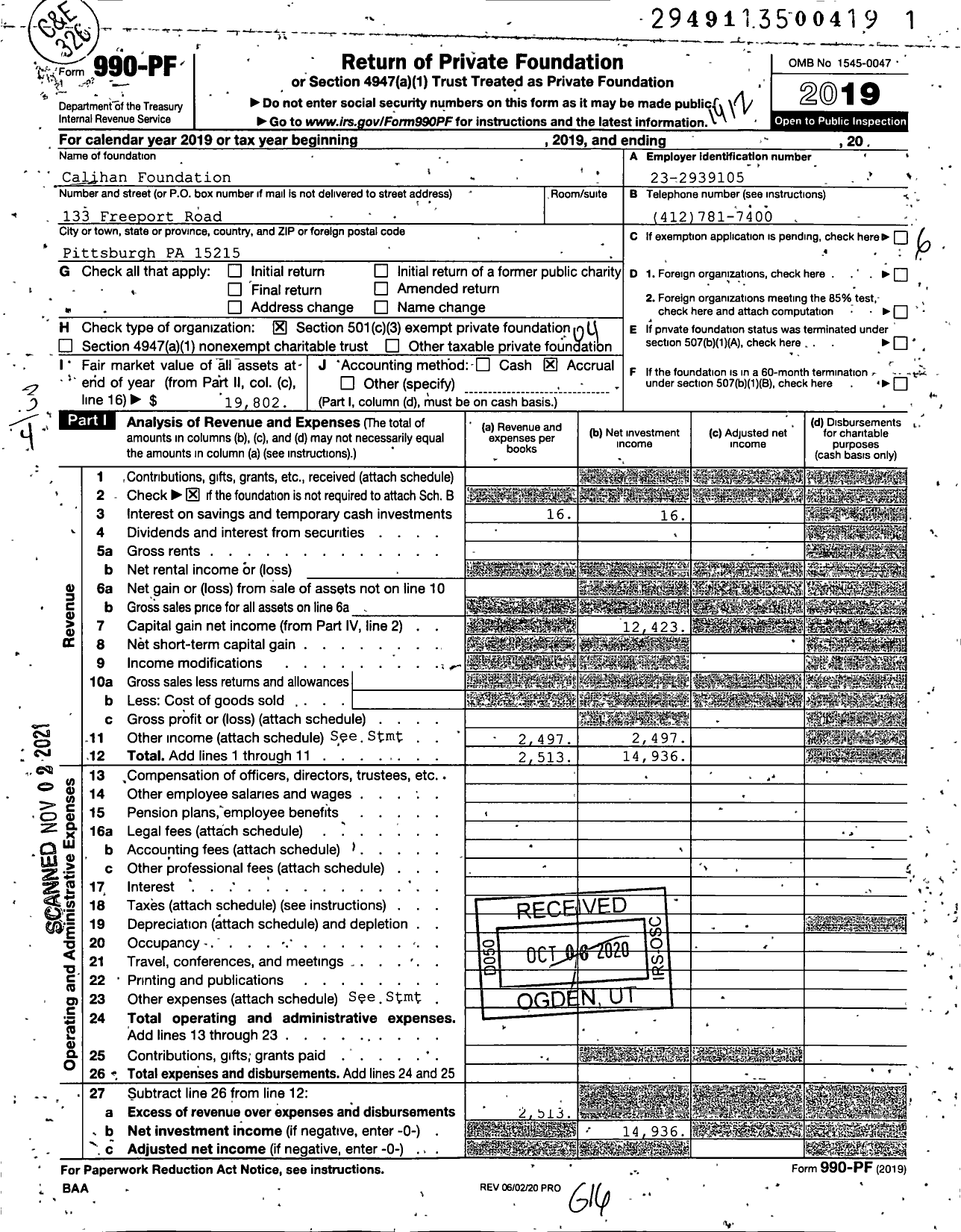 Image of first page of 2019 Form 990PF for Calihan Foundation