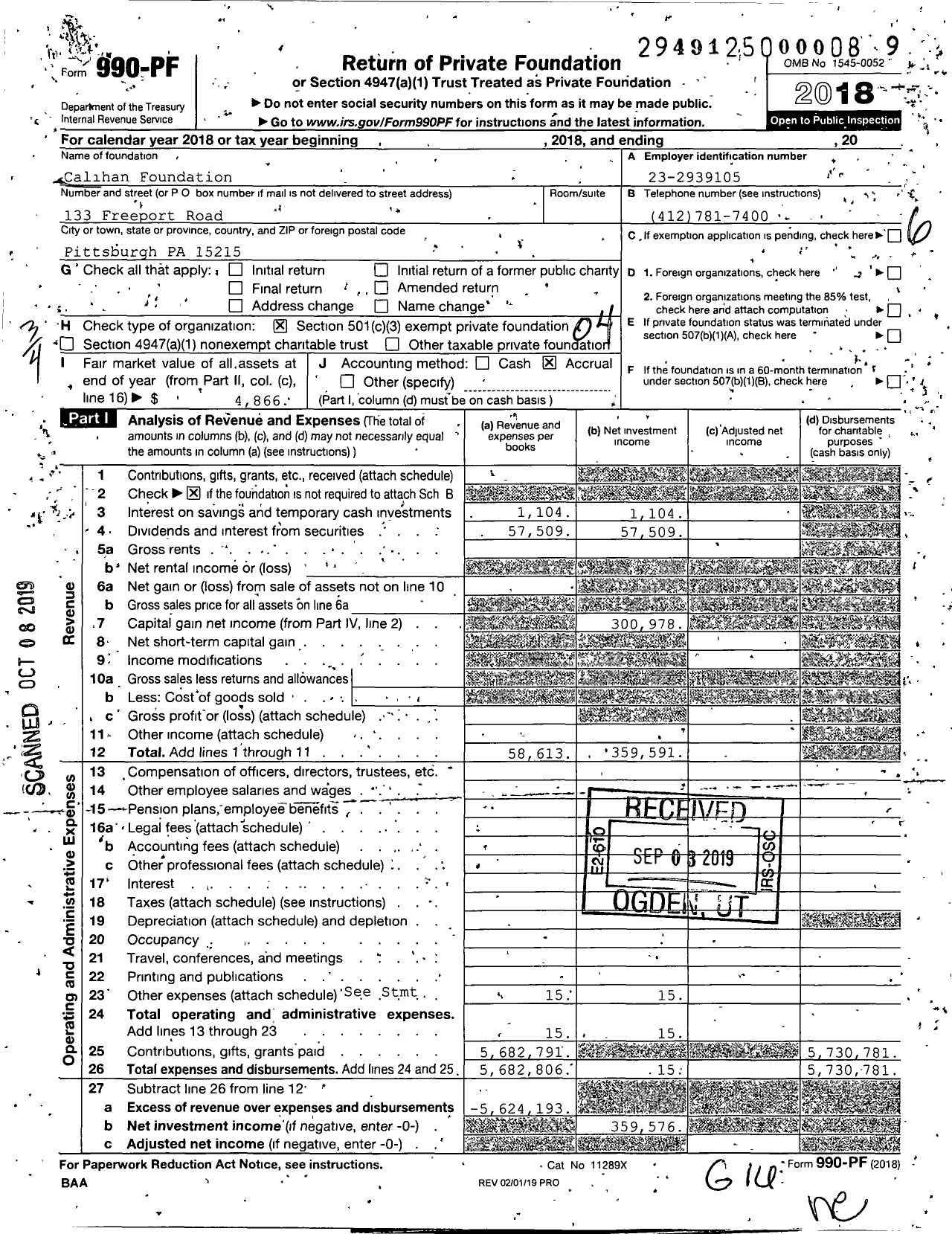 Image of first page of 2018 Form 990PF for Calihan Foundation
