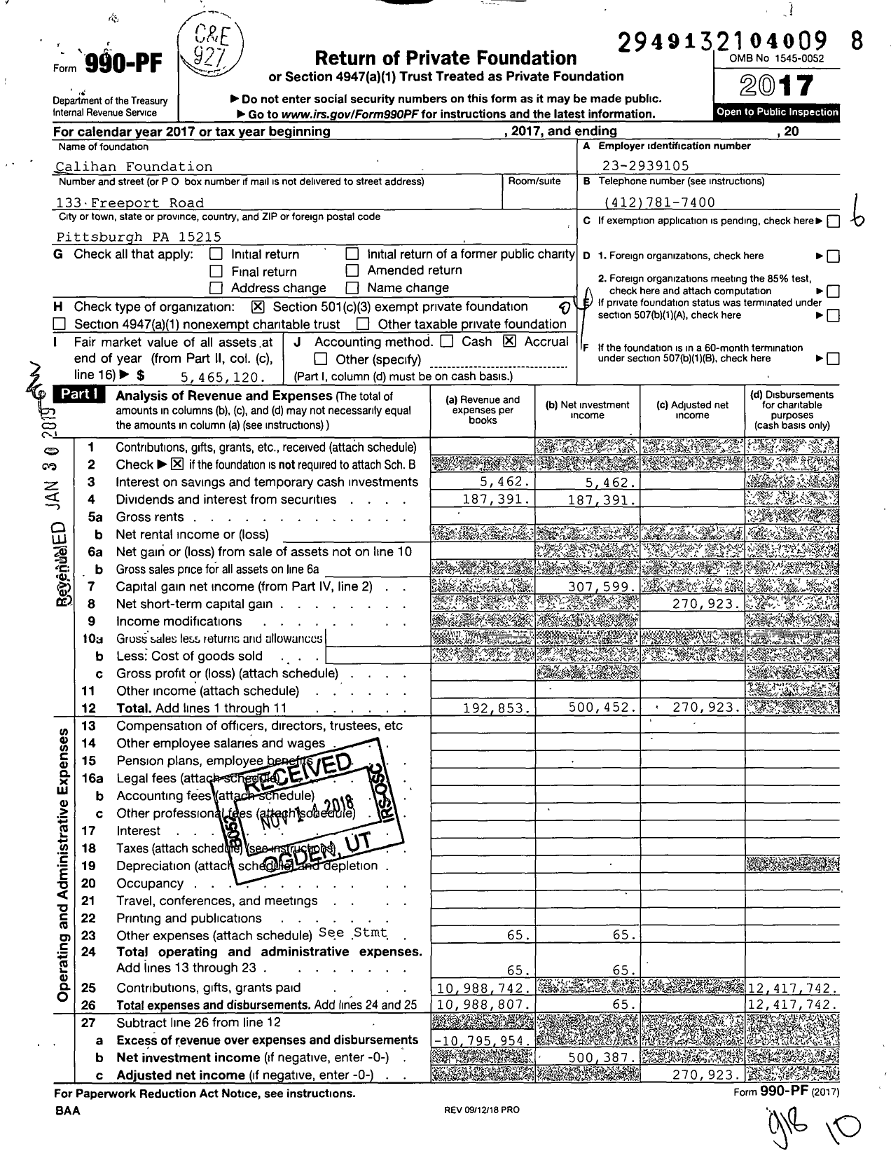 Image of first page of 2017 Form 990PF for Calihan Foundation