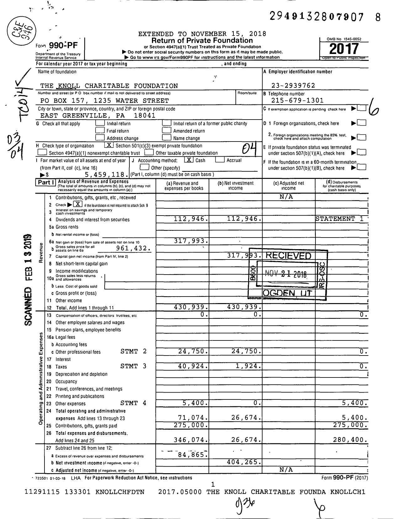 Image of first page of 2017 Form 990PF for The Knoll Charitable Foundation