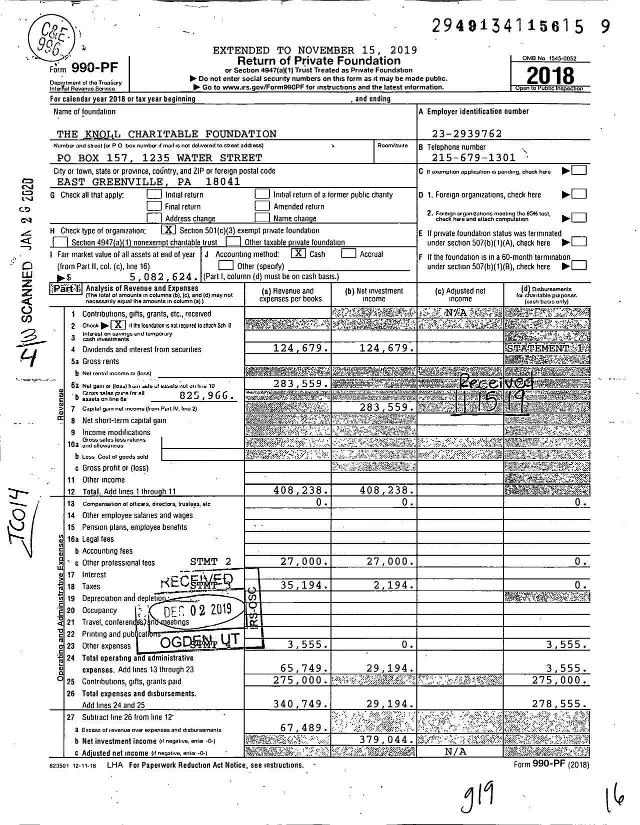 Image of first page of 2018 Form 990PF for The Knoll Charitable Foundation