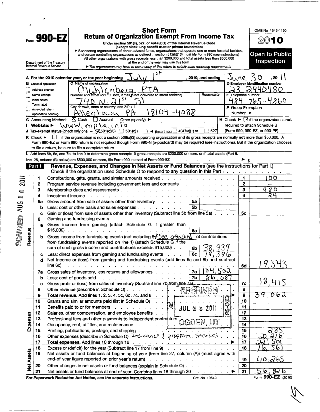 Image of first page of 2010 Form 990EZ for PTA Pennsylvania Congress / Muhlenberg PTA