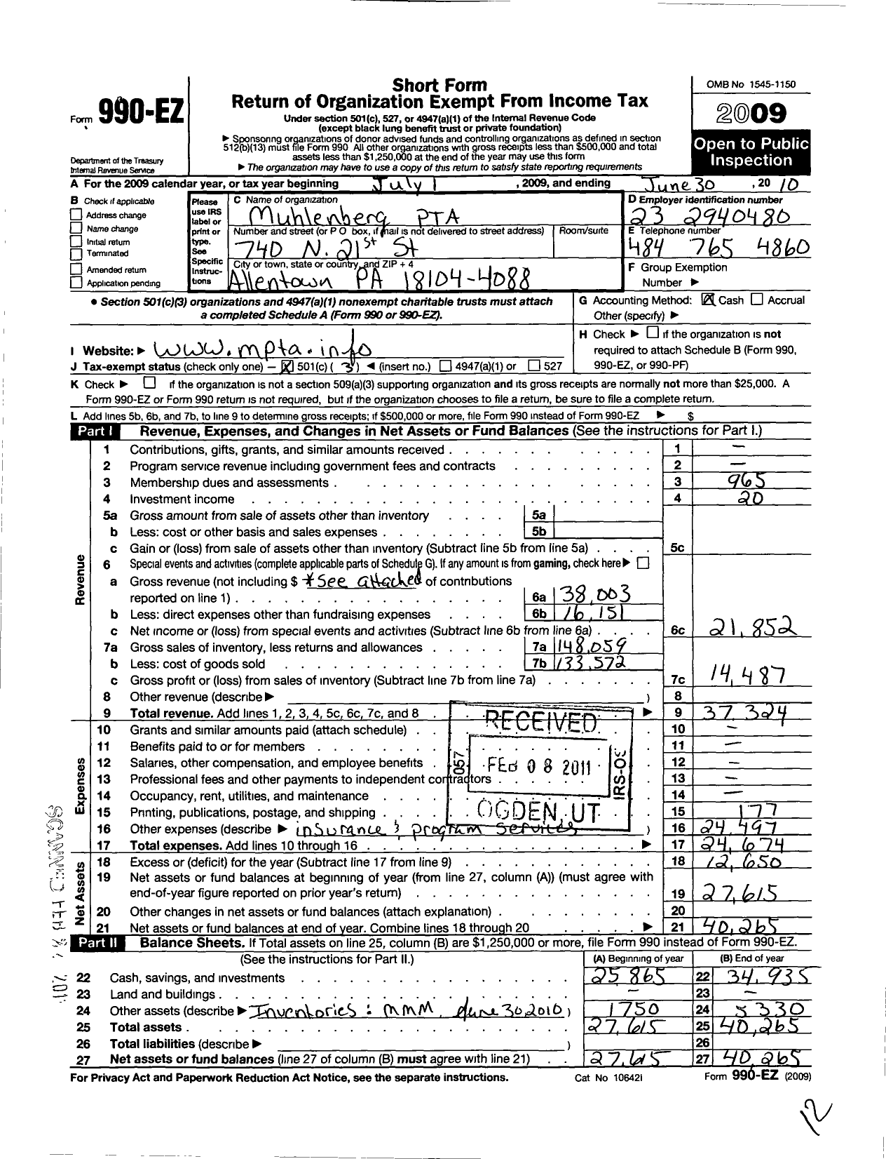 Image of first page of 2009 Form 990EZ for PTA Pennsylvania Congress / Muhlenberg PTA