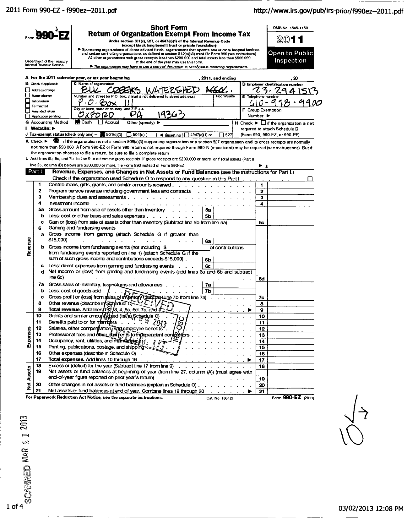 Image of first page of 2011 Form 990EZ for Elk Creeks Watershed Association