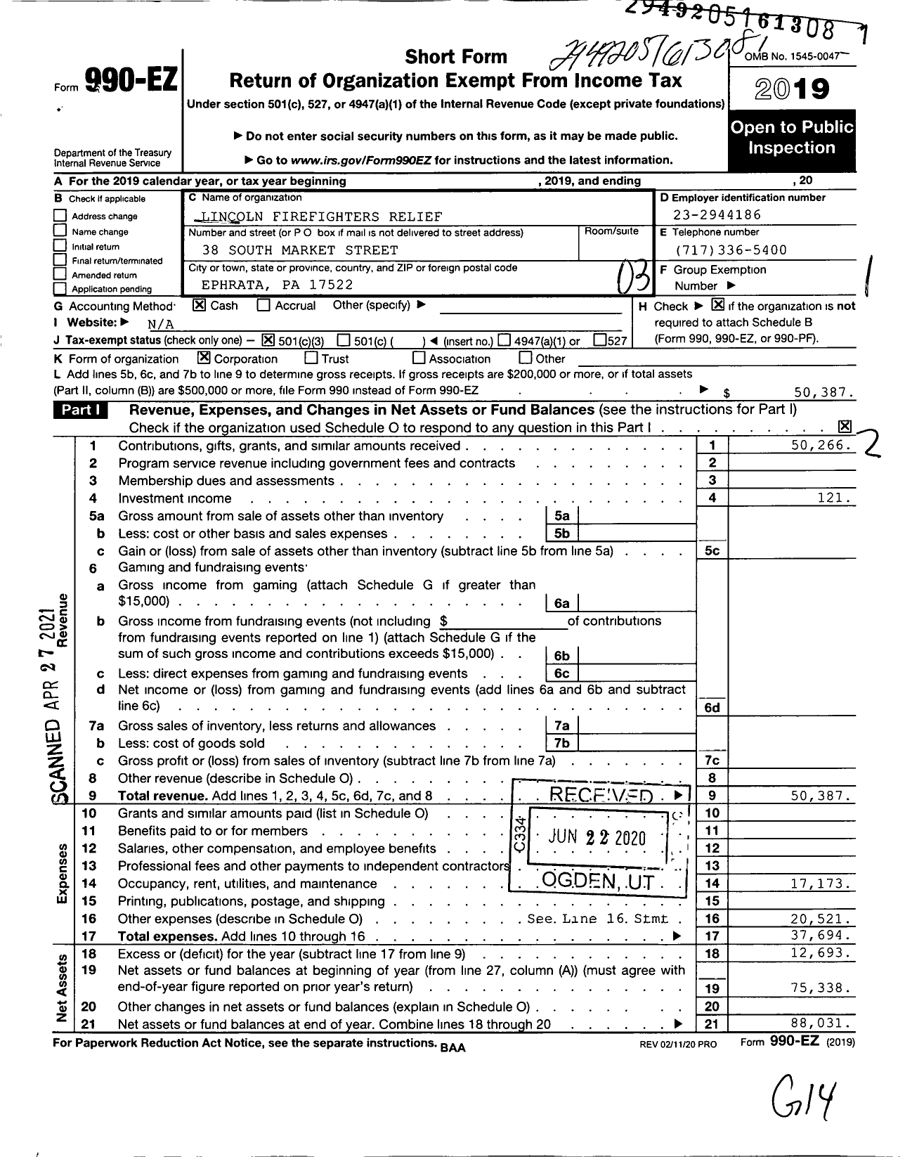 Image of first page of 2019 Form 990EZ for Lincoln Firefighters Relief Association of the Lincoln Fire No 1