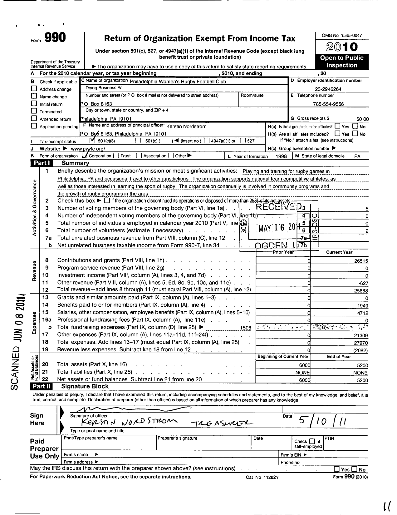 Image of first page of 2010 Form 990 for Philadelphia Womens Rugby Football Club