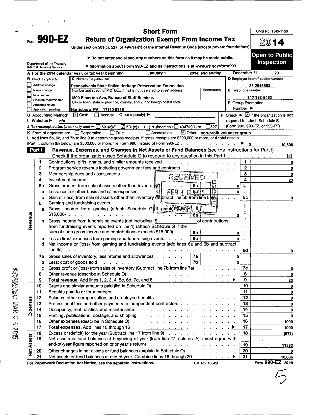 Image of first page of 2014 Form 990EO for Pennsylvania State Police Heritage Preservation Foundation