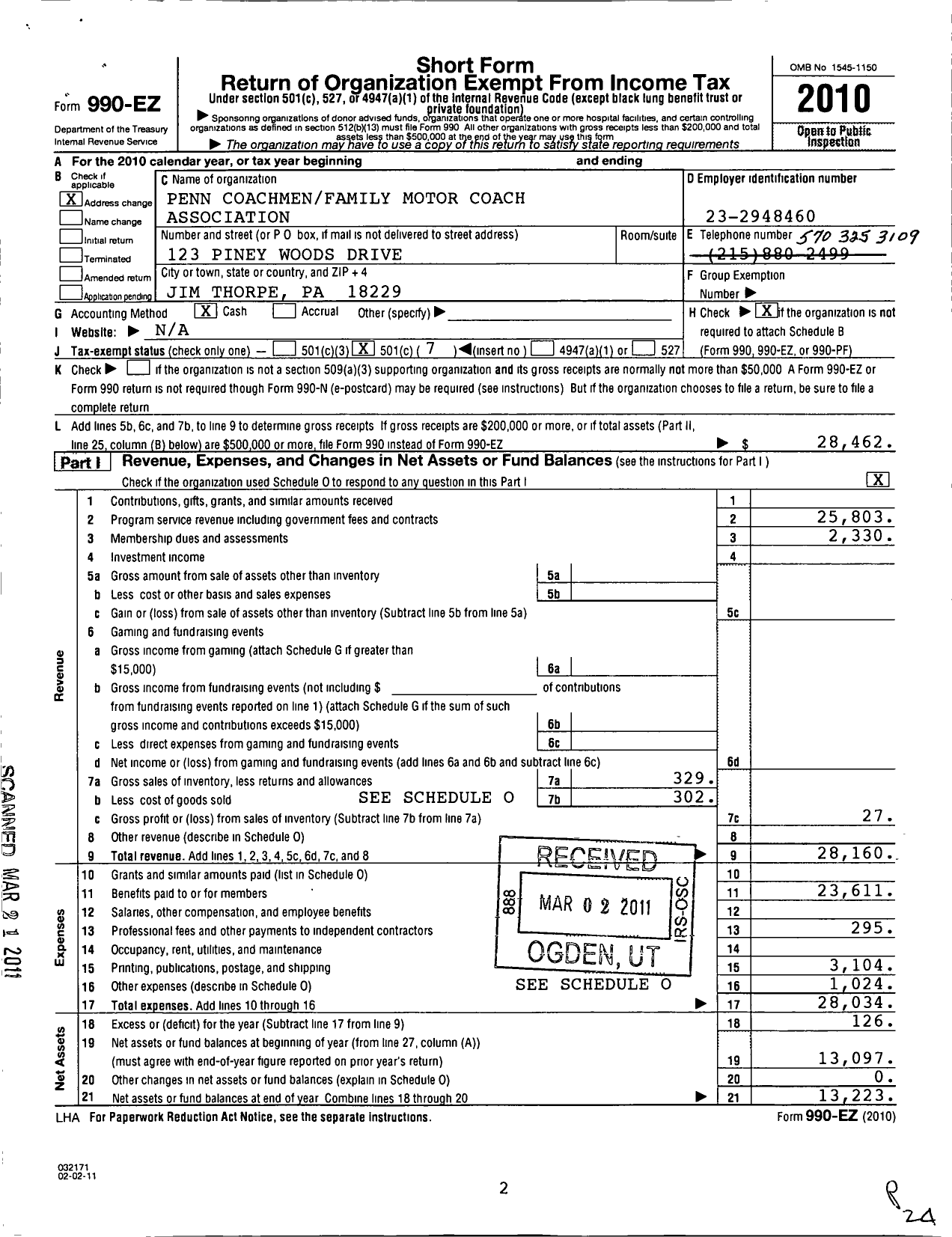 Image of first page of 2010 Form 990EO for Family Motor Coach Association / Penn Coachmen