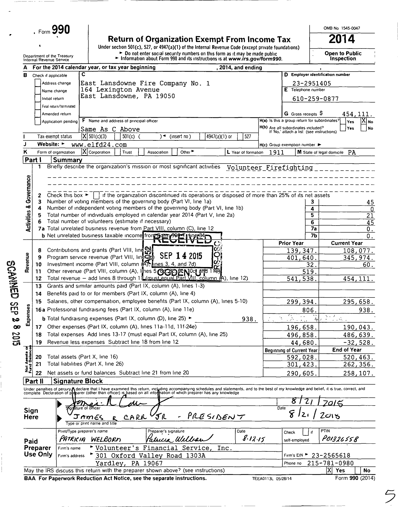 Image of first page of 2014 Form 990 for East Lansdowne Fire Company No 1