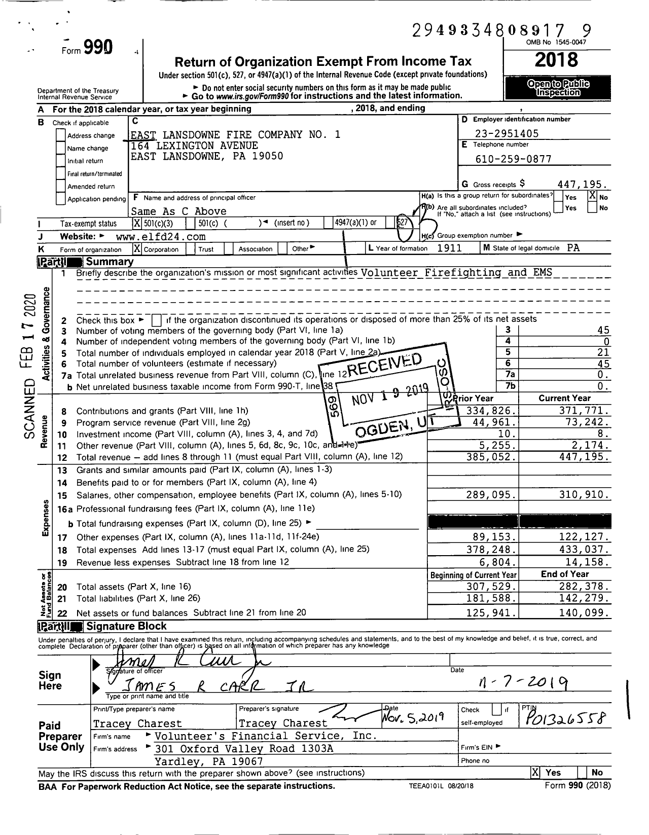 Image of first page of 2018 Form 990 for East Lansdowne Fire Company No 1